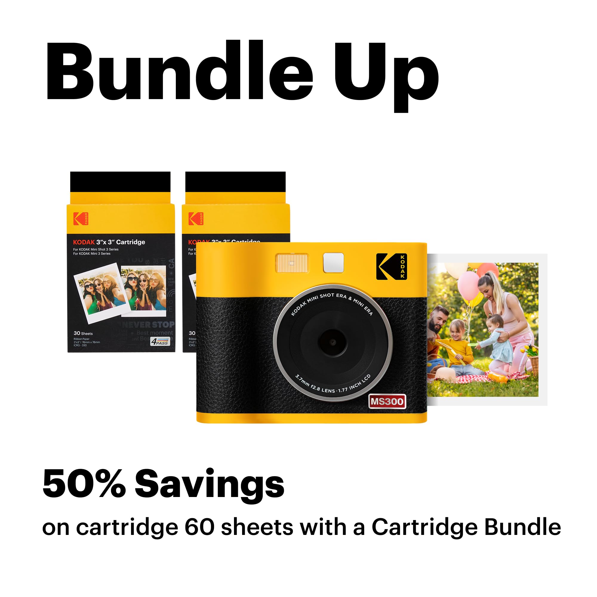 KODAK Mini Shot 3 ERA 4PASS 2-in-1 Instant Camera & Photo Printer (3x3) with 68 Photo Papers - Portable Wireless Bluetooth Printer for Travel, Parties, DIY Scrapbooking & Instant Memories (Yellow)