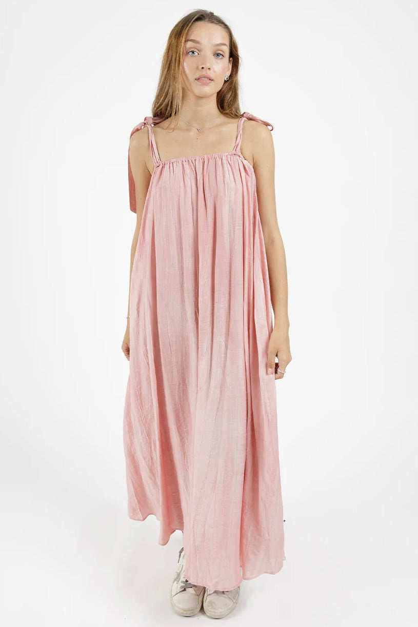 Bowie Pink Tie Shoulder Maxi Dress for Women - Elegant Long Sleeve Party Gown for Evening Events, Weddings & Special Occasions