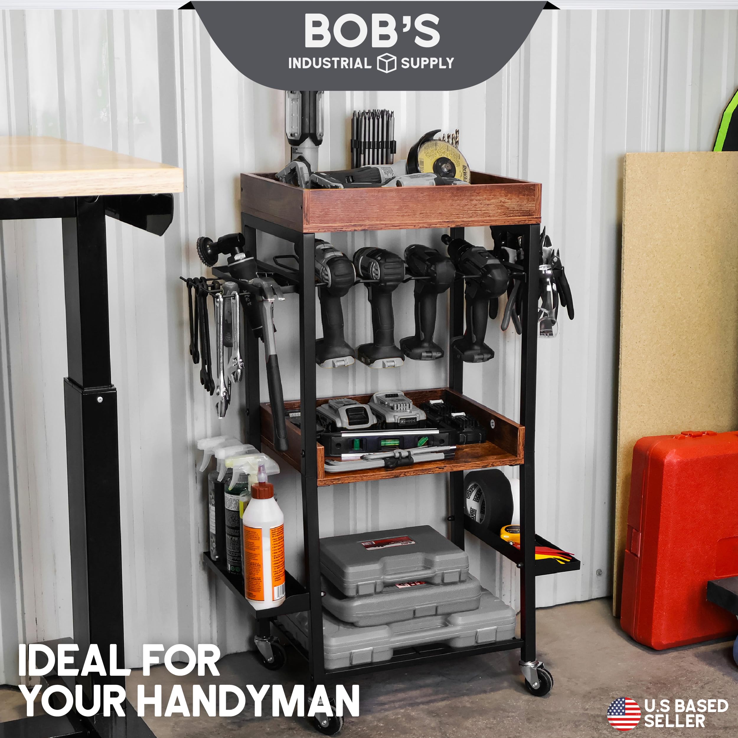 4-Tier Rolling Tool Cart with Drill Storage - Heavy Duty Garage Organizer for Power Tools & Accessories - Perfect for Workshop, Construction Site & DIY Projects