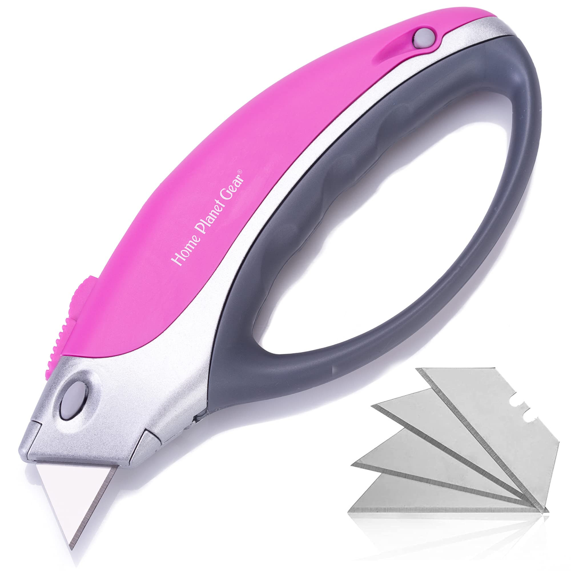 Heavy Duty Retractable Utility Knife - Pink Box Cutter with 5 Sharp Blades for Cardboard Cutting, Package Opening, Warehouse & Office Use