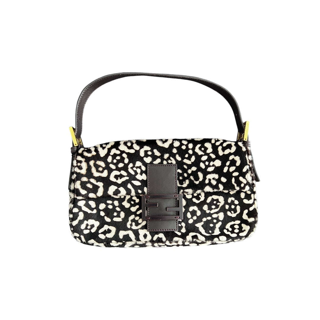 Authentic Fendi Black & White Cheetah Print Pony Hair Baguette Bag - Luxury Designer Handbag for Women, Perfect for Evening Parties & Special Occasions