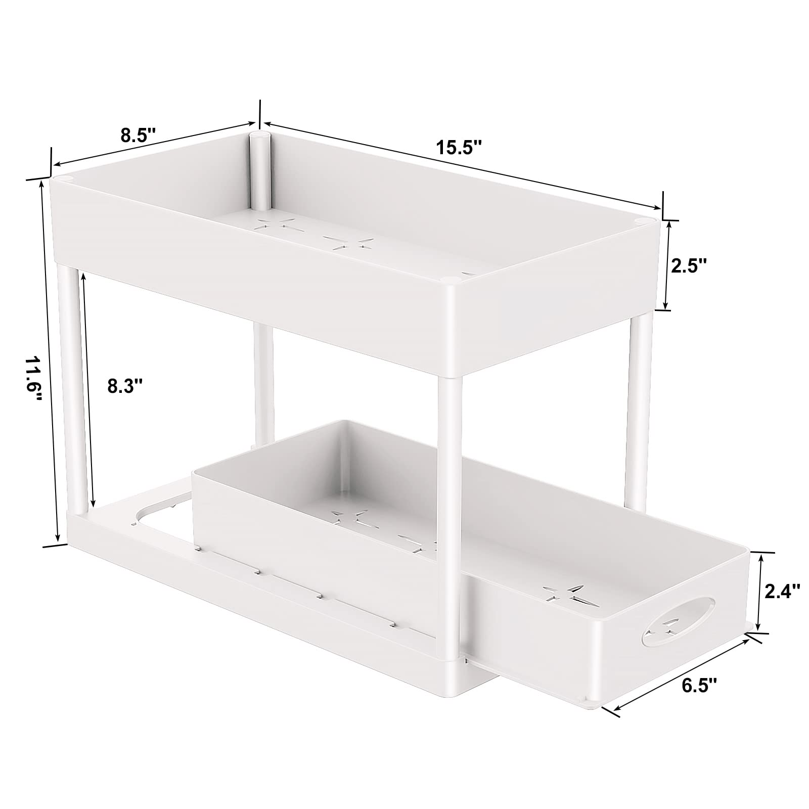 PUILUO 2-Tier Under Sink Organizer - White Sliding Cabinet Basket for Bathroom & Kitchen Storage - Perfect for Organizing Cleaning Supplies, Sponges & Toiletries Under Sink or in Cabinets