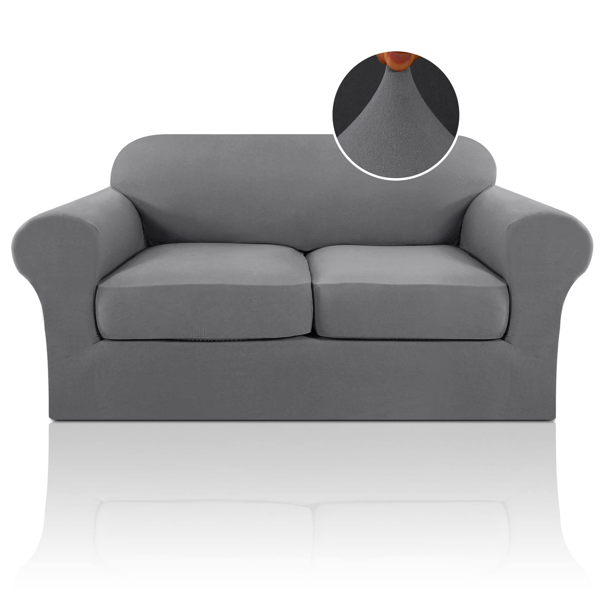 PrinceDeco 3-Piece Stretch Sofa Cover Set for 2-Cushion Couch & Loveseat - Soft Furniture Protector Slipcover (Medium, Grey) - Perfect for Living Room, Home Decor & Pet Protection