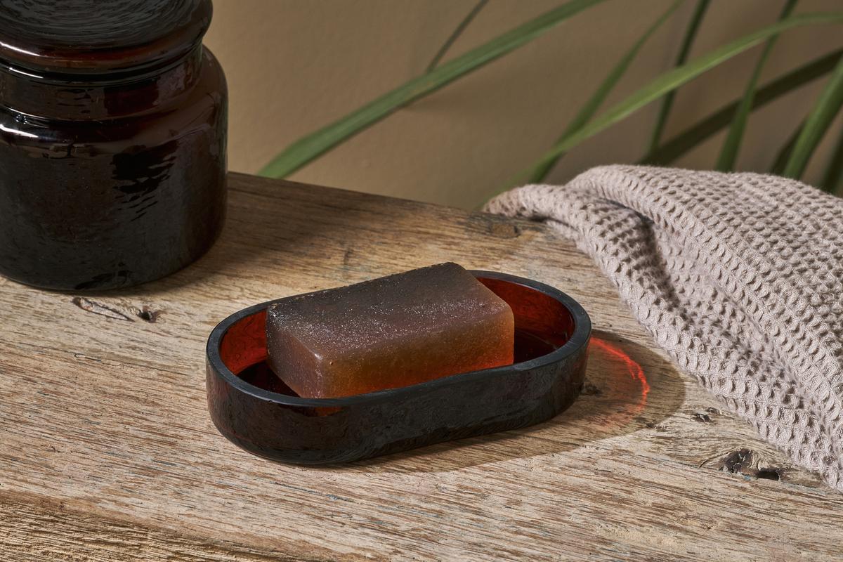 Amber Glass Soap Dish - Elegant Bathroom Organizer for Bar Soap - Perfect for Sink Countertops, Showers & Spa-Like Bathrooms