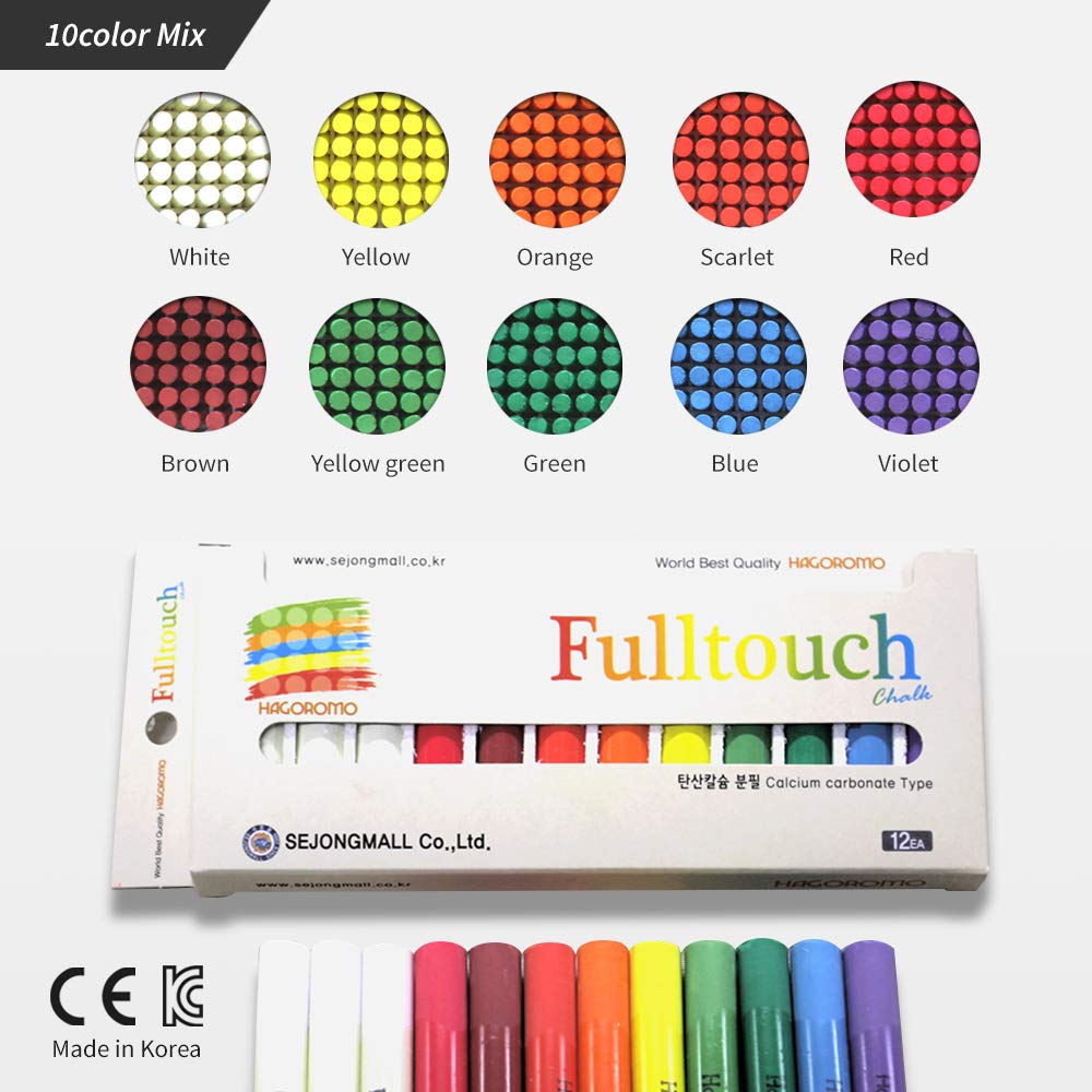 Hagoromo Fulltouch Non-Toxic Dustless Washable Chalk - 12 Pack with 10 Vibrant Colors for Kids & Professionals | Perfect for Sidewalk Drawing, Blackboard Teaching & Classroom Activities