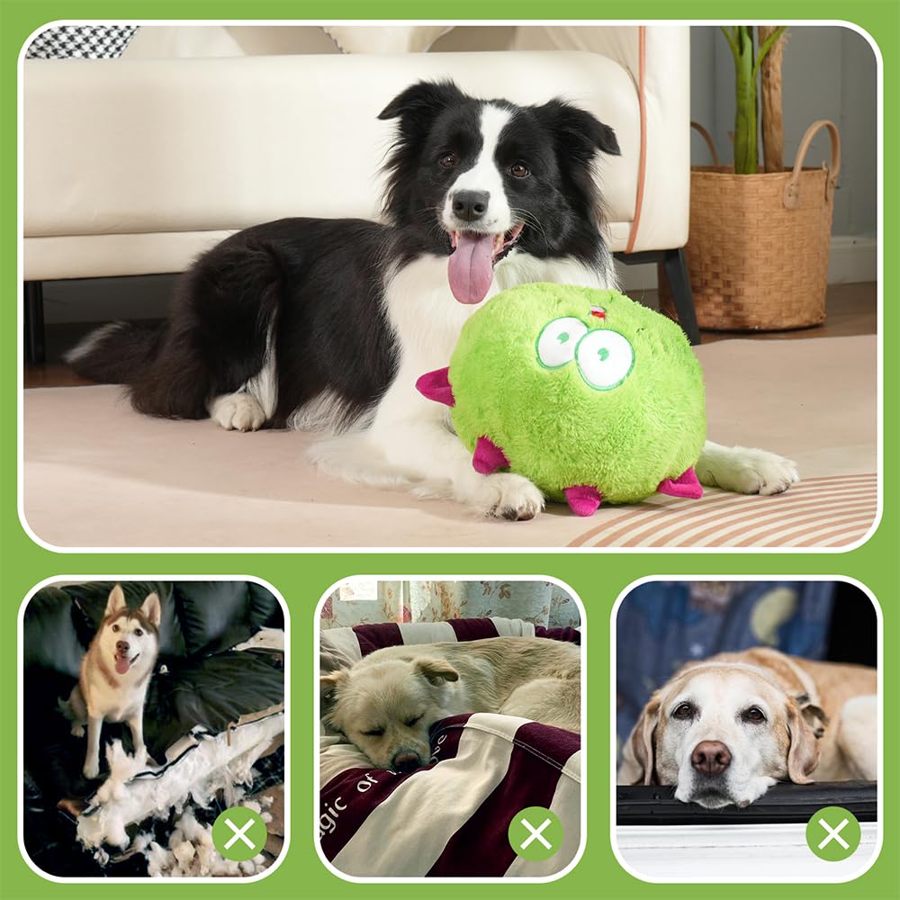 Hero Chuckles Ball Plush Dog Toy - Durable Squeaky Ball with 3-in-1 Squeaker for Small & Large Dogs - Fun Interactive Playtime & Fetch Toy (Monster Green) - Perfect for Indoor & Outdoor Dog Activities