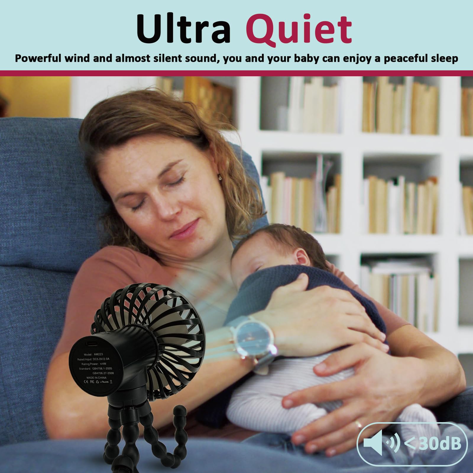 Portable Stroller Fan with 0.2 Inch Safe Gap - 3 Speed Quiet USB Rechargeable Handheld Fan, 3000mAh Battery Operated Personal Cooling Fan for Baby Stroller, Car Seat, Travel, Camping & Outdoor Activities (Black)