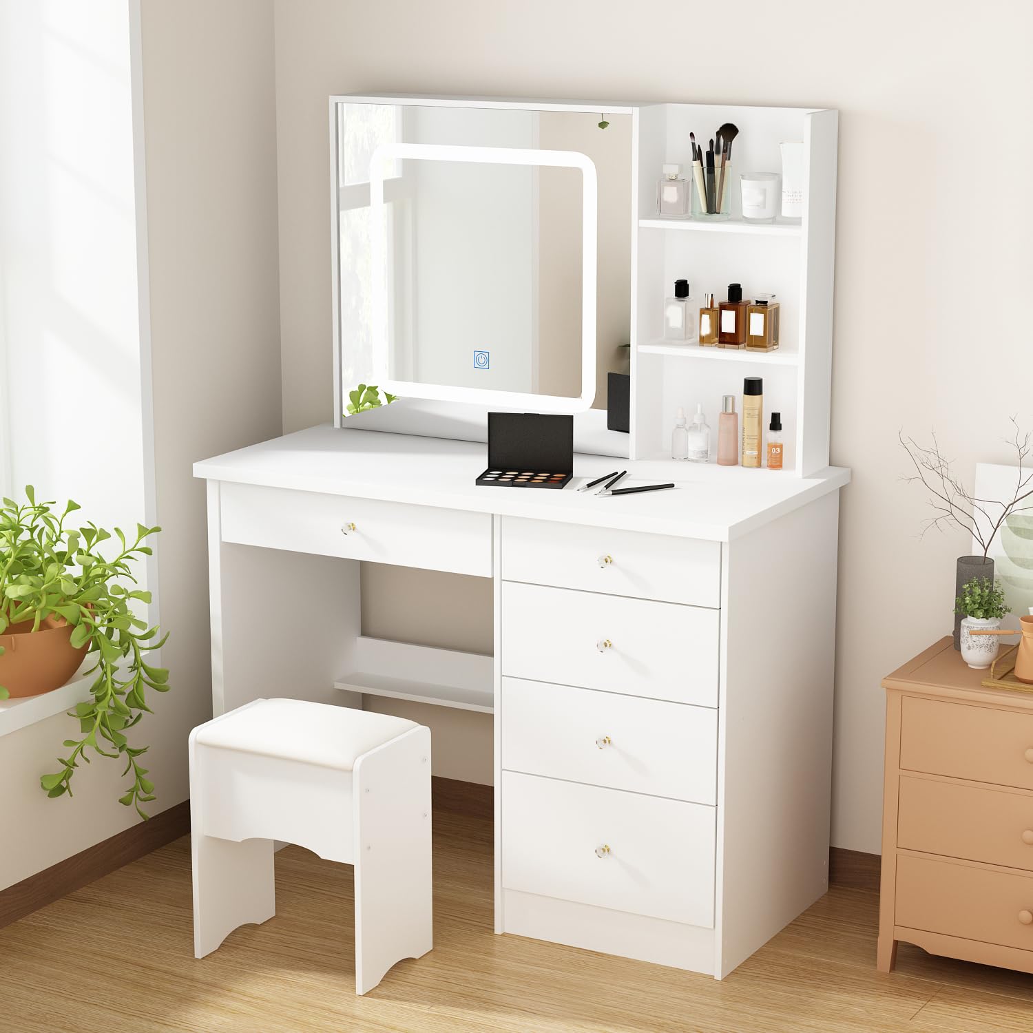 AIEGLE Vanity Desk Set with LED Lighted Square Mirror, 3-Color Adjustable Makeup Dressing Table with Open Shelves & Cushioned Stool - Perfect for Bedroom, Beauty Salon, and Home Decor (White)