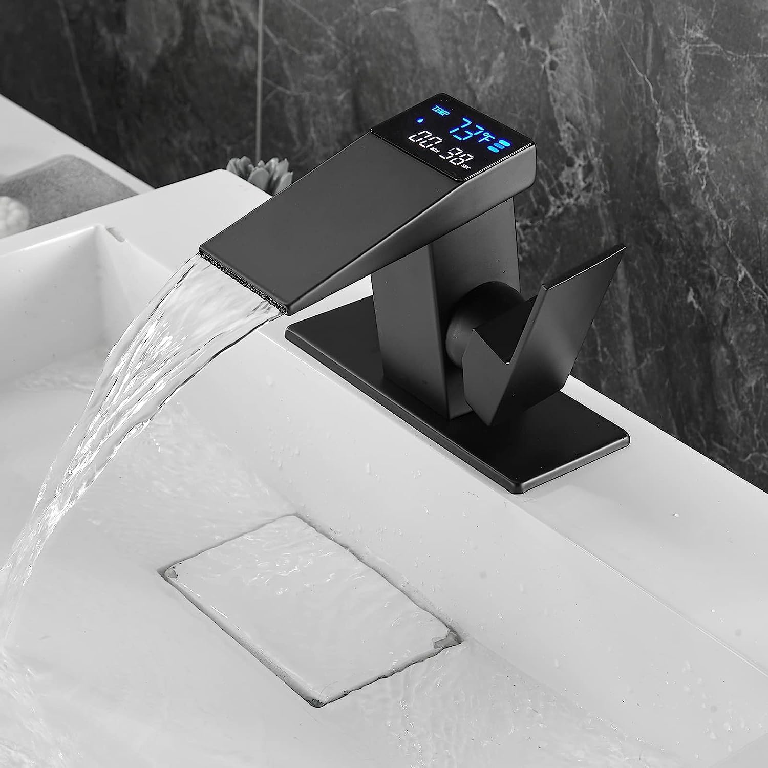 Loopan Black LED Light Waterfall Bathroom Faucet - Single Handle One Hole Mount with Temperature Display & Hydraulic Power, Lead-Free Vanity Sink Faucet for Modern Bathroom, Spa, and Hotel Decor