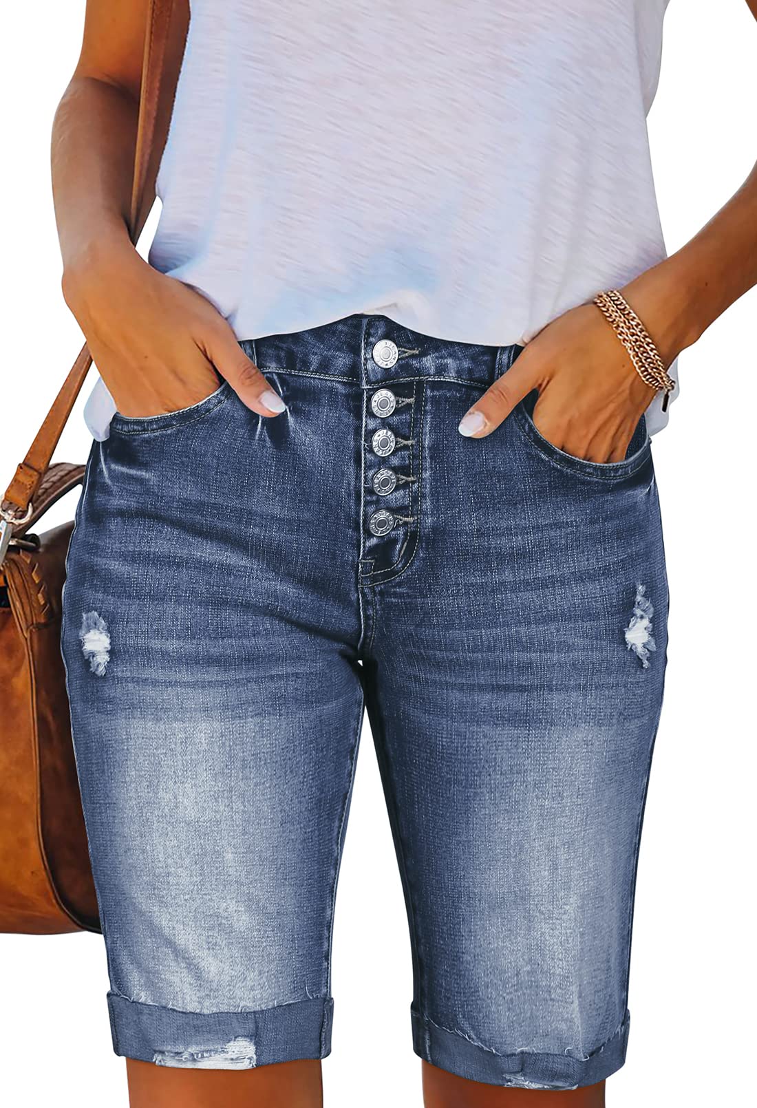 HAPCOPE Women's High Waist Ripped Denim Shorts - Bermuda Jean Shorts with Cuffed Hem for Summer Casual & Beach Outfits