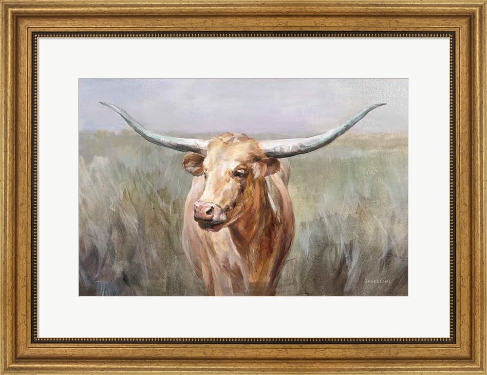Danhui NAI Big Sky Longhorn Framed Art Print - 26 x 20 Inches Wall Decor with Wide Gold Frame - Perfect for Living Room, Office & Western Home Decor
