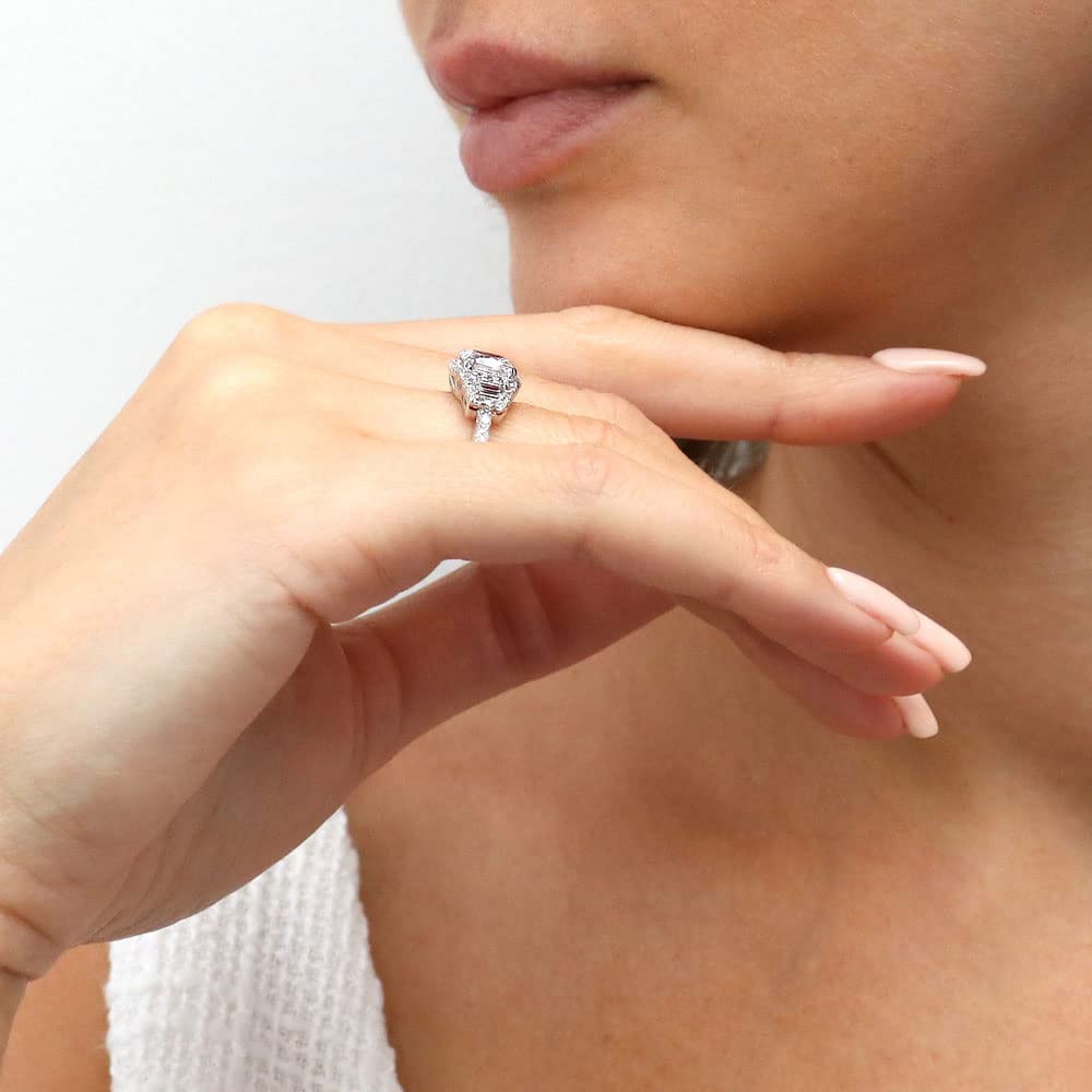 Sterling Silver 3-Stone Cubic Zirconia Engagement Ring for Women - 2 Carat Cushion Cut CZ Halo Wedding Ring, Rhodium Plated Size 4-10 - Perfect for Proposals, Anniversaries & Special Occasions