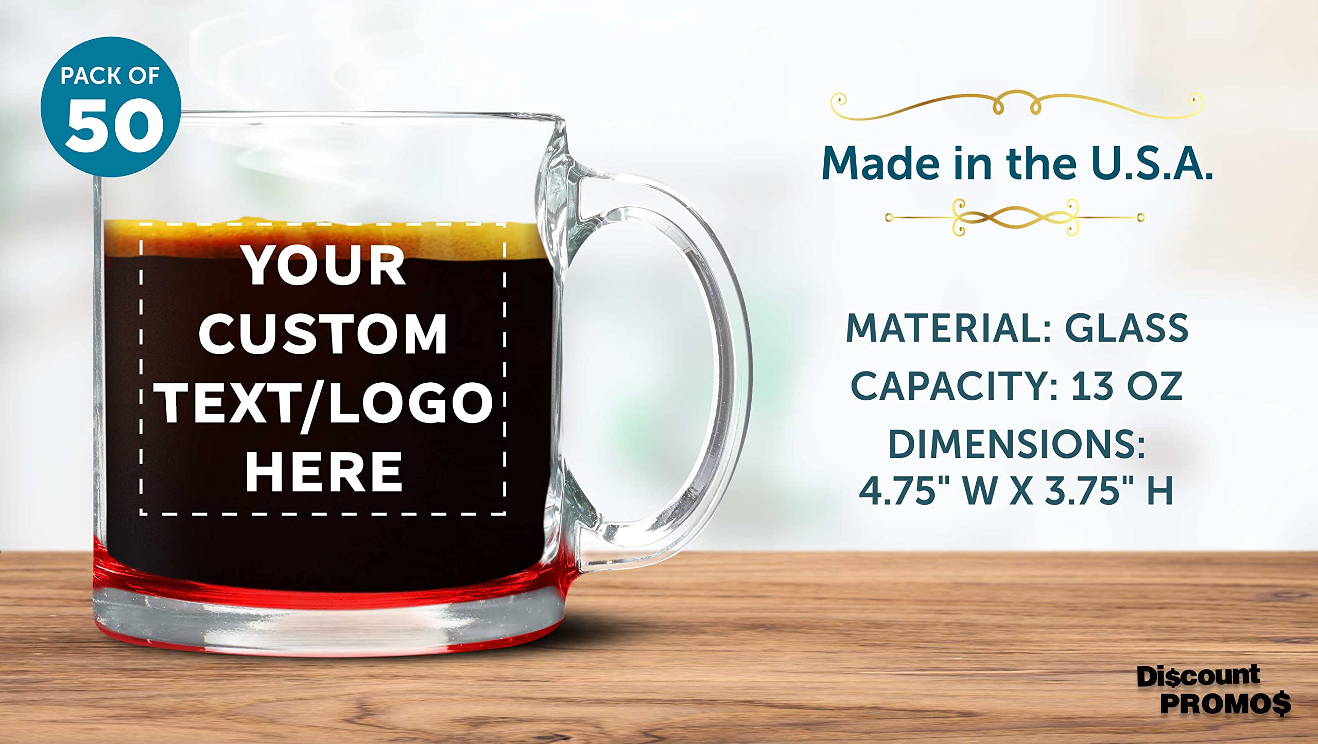 Personalized 13 oz Clear Glass Coffee Mugs Set of 50 - Bulk Libbey Custom Mugs for Coffee, Tea, Espresso & Hot Cocoa - Red Bottom - Ideal for Restaurants, Cafes, Offices & Events