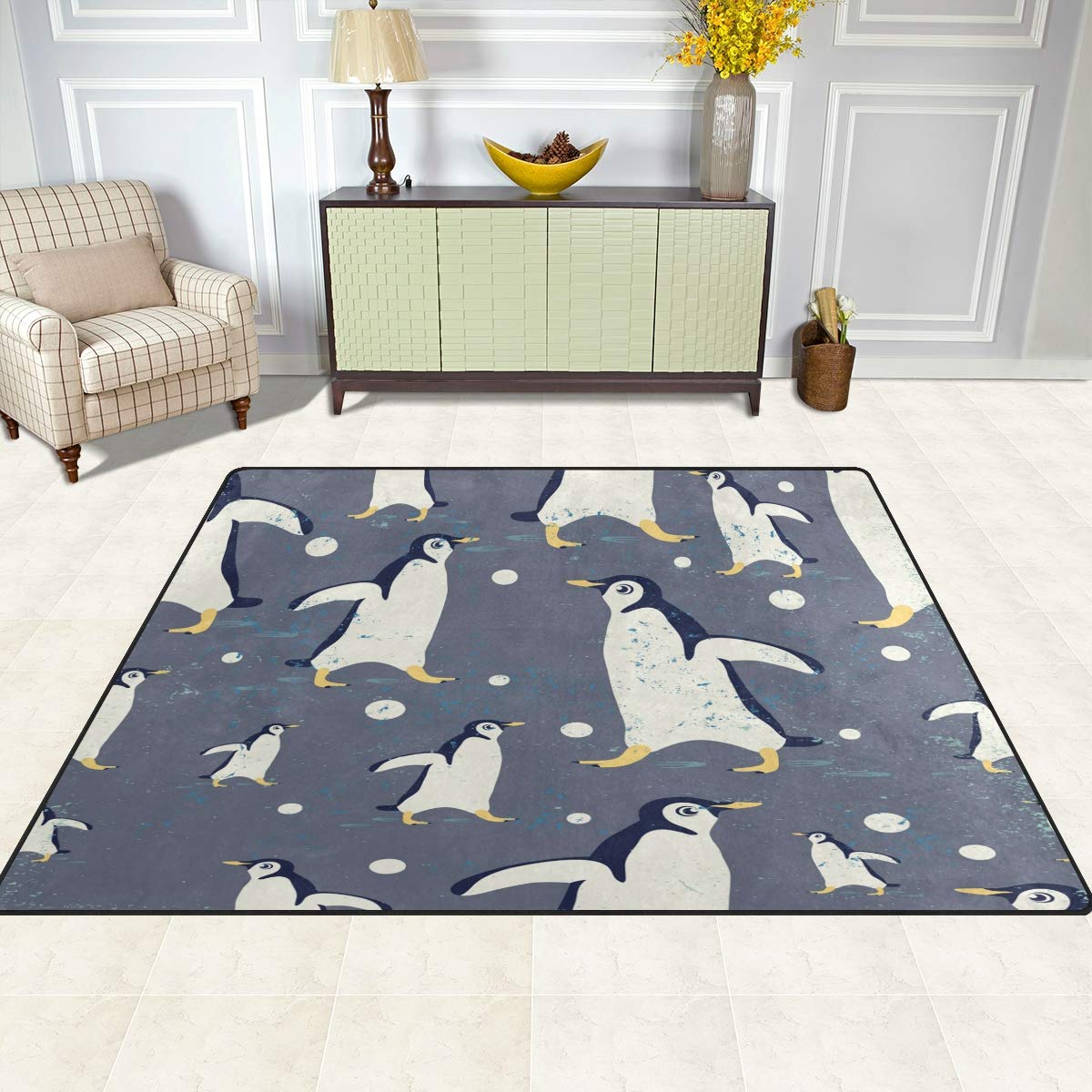 ALAZA Cartoon Penguin Polza Dot Non-Slip Area Rug 7'x5' Soft Plush Living Room Bedroom Rug for Kids Nursery Playroom - Cozy Floor Mat for Winter Decor & Play Areas