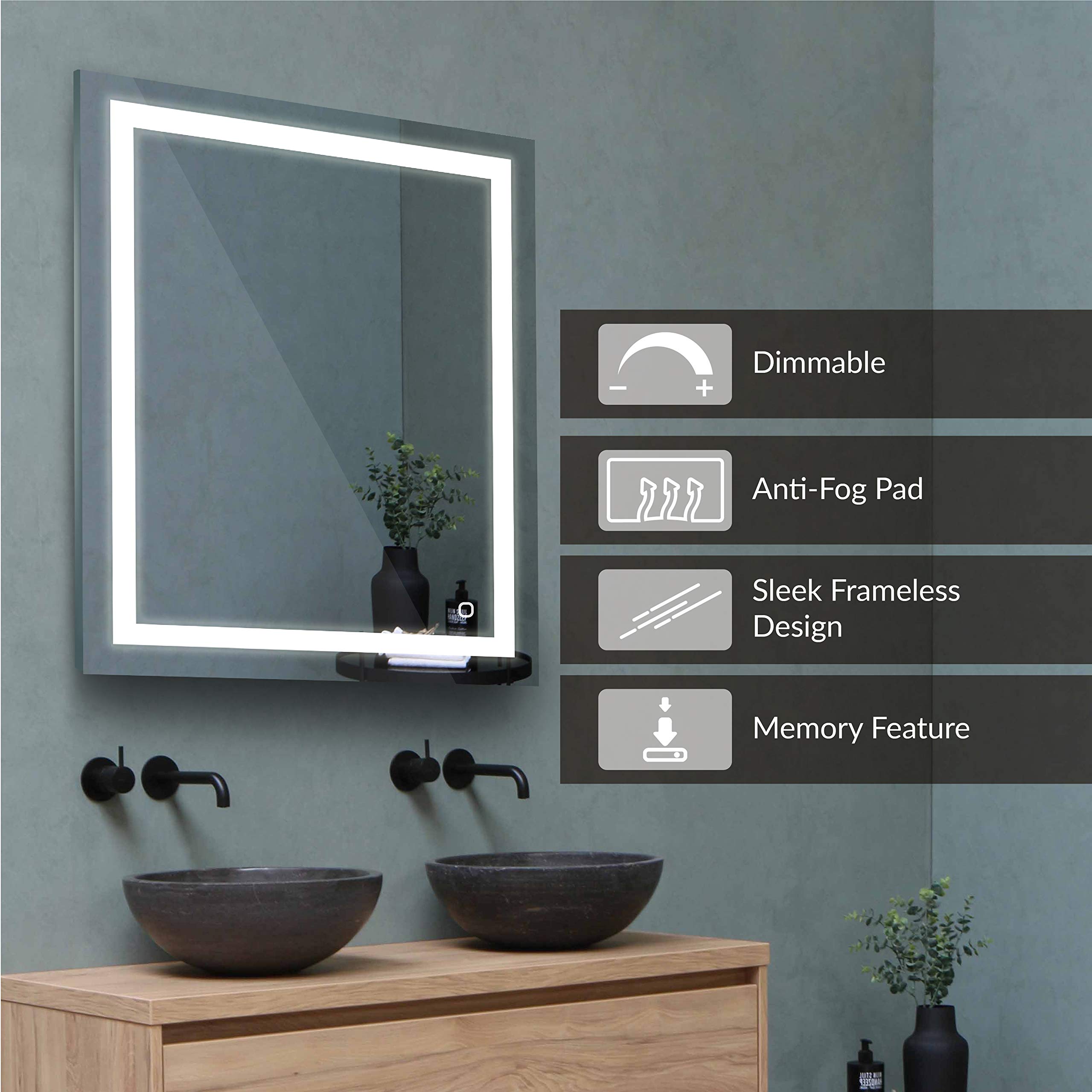 Homewerks 100160 30x36 Inch LED Bathroom Mirror - Frameless Anti-Fog Wall Mounted Mirror with Dimmable 1600 Lumen Ultra Bright White Light (5000K) - Perfect for Modern Bathrooms, Vanities & Spa-Like Settings