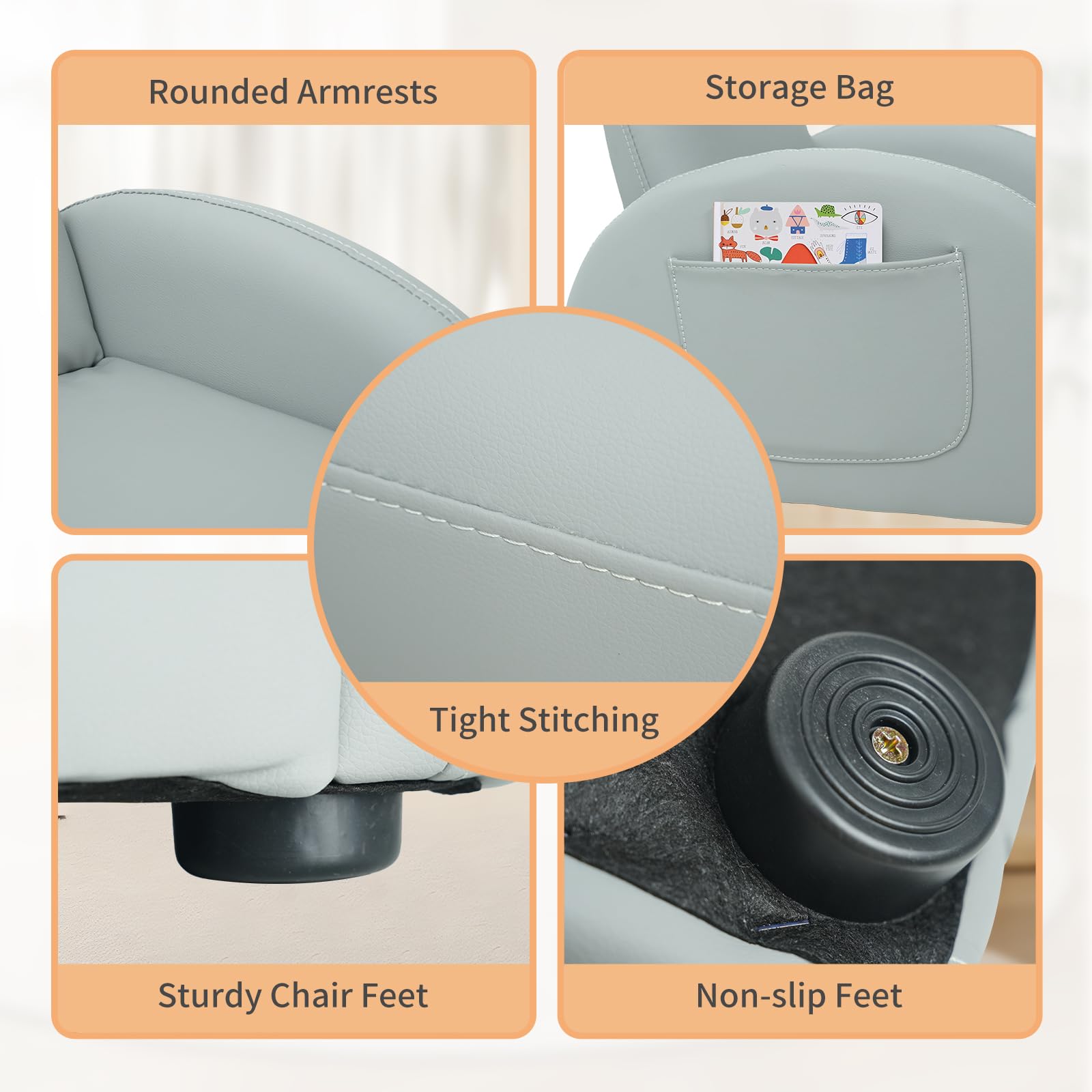 MOOITZ Adjustable Kids Recliner Chair with Ottoman - 5-Position Leatherette Toddler Recliner, Waterproof & Stain-Resistant, Gray - Perfect for Nursery, Playroom or Kids Bedroom Relaxation
