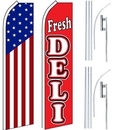 2 Pack US Flag Swooper Flutter Flags & Poles for Restaurants, Delis, and Food Businesses - Perfect for Outdoor Dining, Fresh Deli Displays, and Patriotic Decor