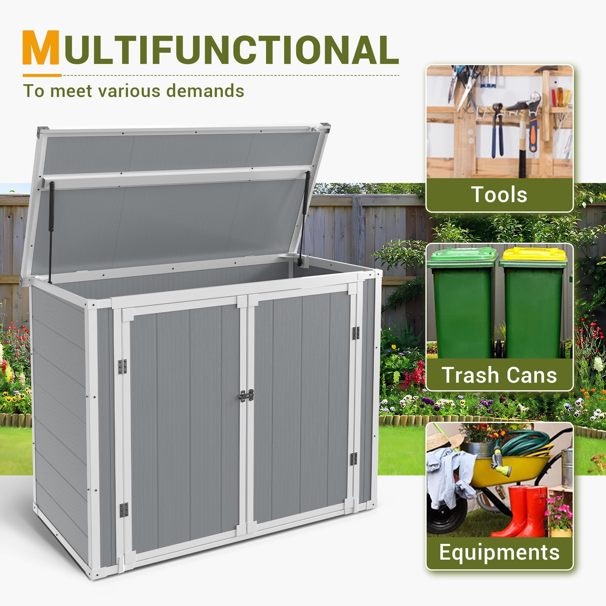 41 Cu.Ft Weatherproof Resin Outdoor Storage Shed with Lockable Doors & Gas Spring - Horizontal Design for Trash Cans, Lawn Mowers, Tools - Perfect for Patio, Backyard & Garden Organization (Grey)