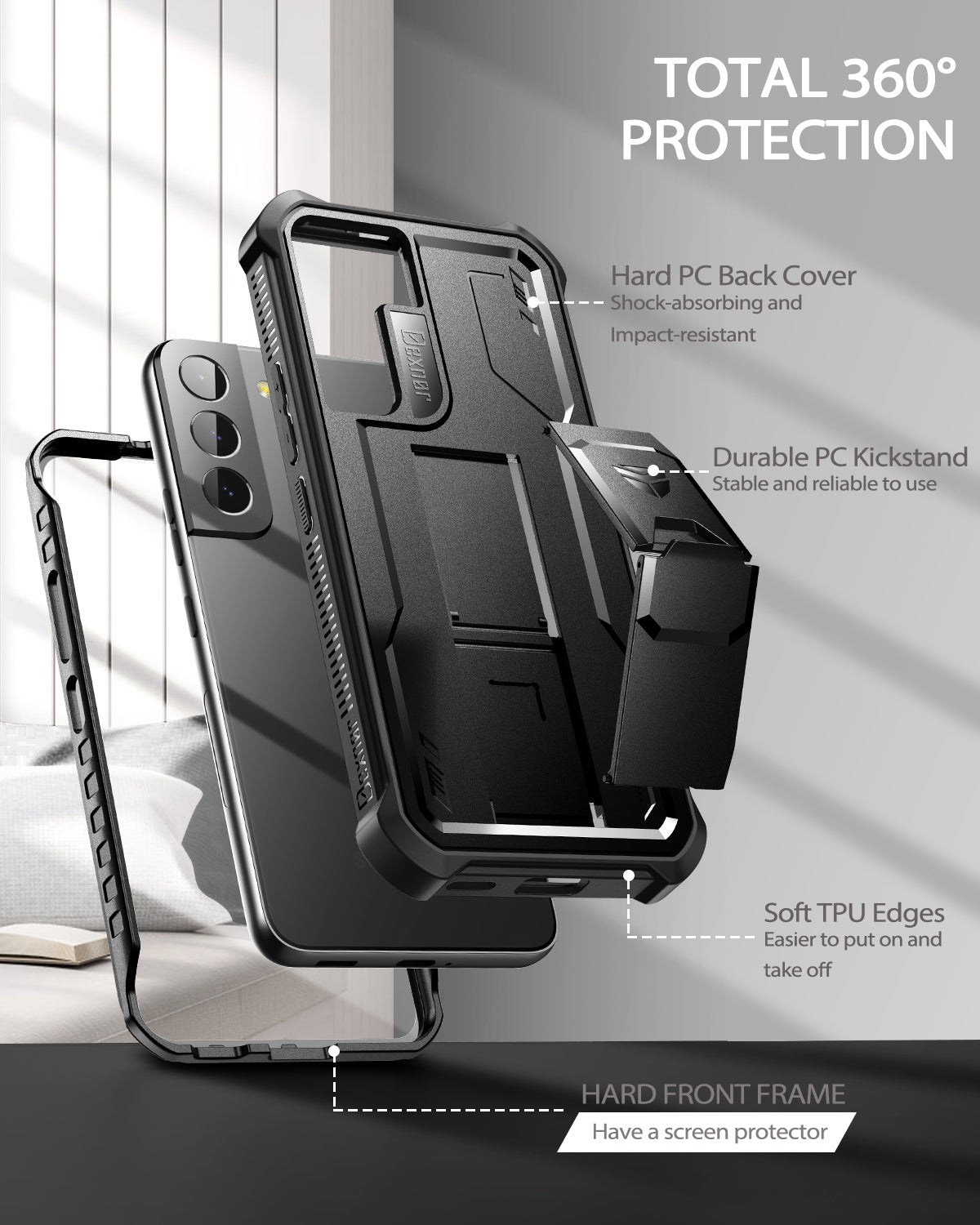 Dexnor Heavy Duty Shockproof Rugged Case for Samsung Galaxy S22 Plus with Built-in Kickstand & Screen Protector – Perfect for Outdoor, Work, and Daily Protection