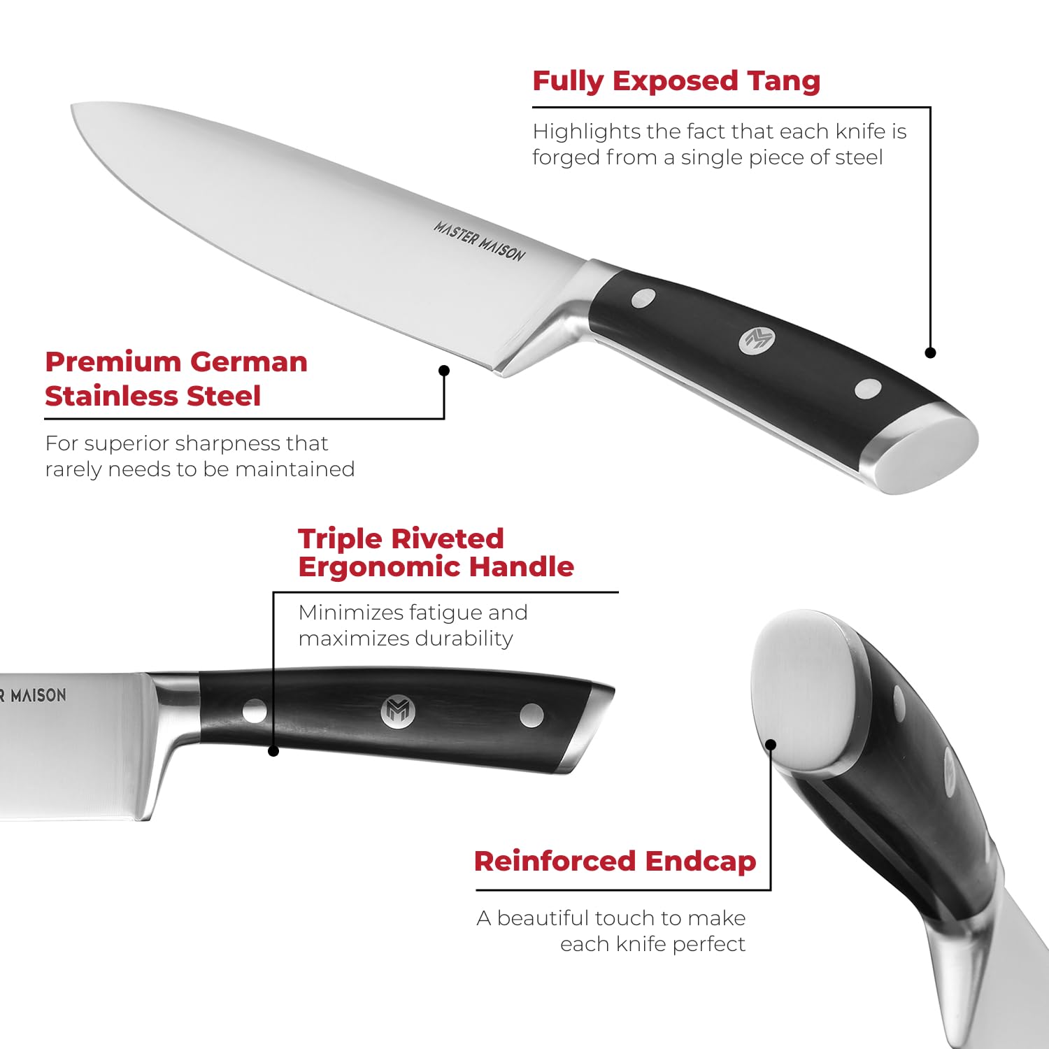 Master Maison 15-Piece Professional Kitchen Knife Set - Stainless Steel Knives with Wood Block, Sharpener & Blade Guards - Black Wood Handle, Full Tang & Ergonomic Design - Perfect for Home Chefs, Cooking Enthusiasts & Restaurant Use