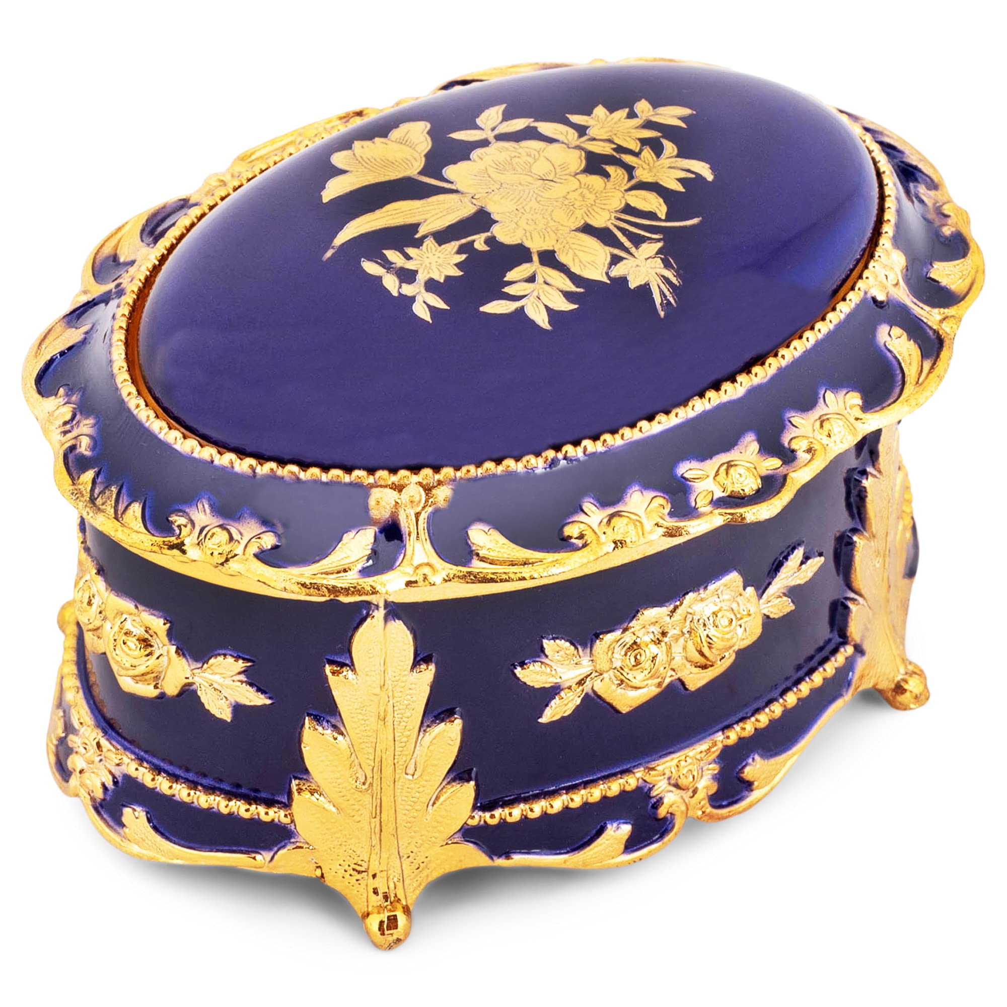 Elegant Blue & Gold Oval Music Box with Jewelry Storage - Plays 'Candle In The Wind' - Perfect for Gift Giving, Home Decor & Keepsake Display