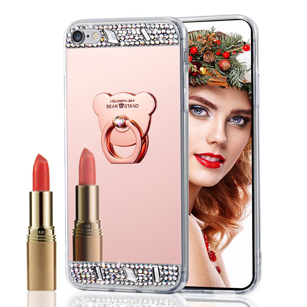 Luxury Crystal Diamond Ring Mirror Case for iPhone 6/6S - Rose Gold Bear Design, Stylish Protective Cover with Makeup Mirror - Perfect for Parties, Dating & Everyday Glam