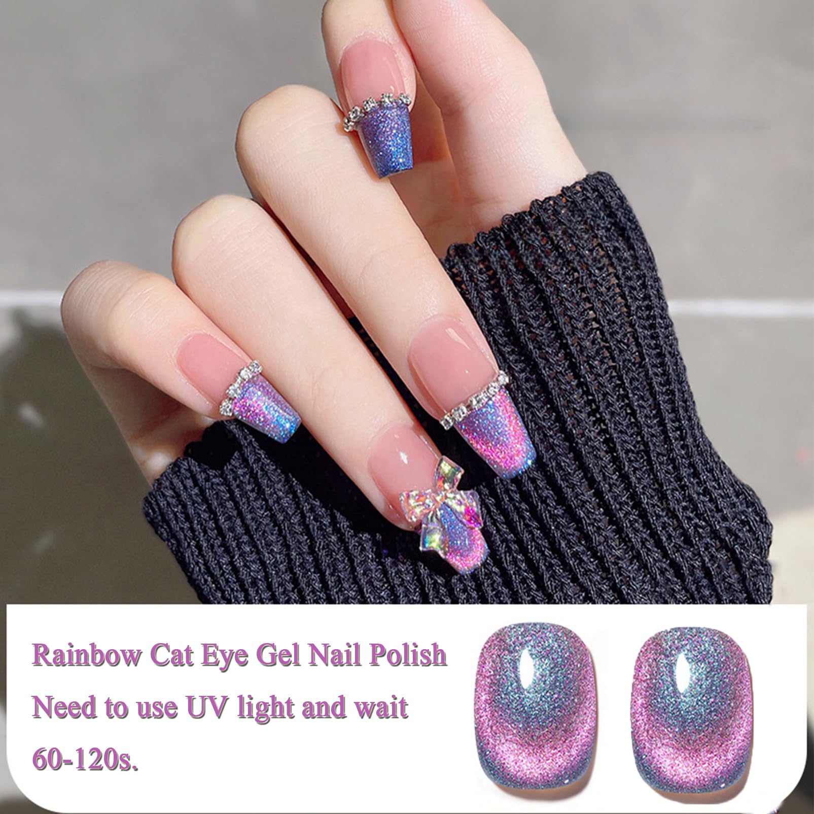 Holographic Cat Eye Gel Nail Polish - Rainbow Glitter UV/LED Reflective Nail Polish for Women & Girls (15ml) | Sparkly Purple Blue Nail Art Gel for Manicures, Parties & Special Occasions