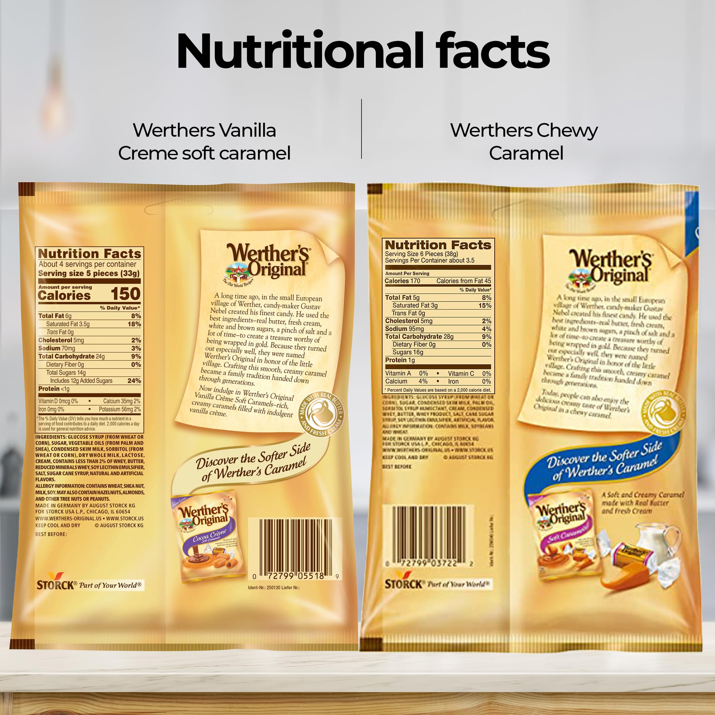 Werthers Original Vanilla Creme Soft Caramels & Chewy Caramel Candy - 4-Pack (2 of Each) - Individually Wrapped Caramel Creams, Soft Chews Candy - Perfect for Office Snacks, Party Favors & Gift Baskets