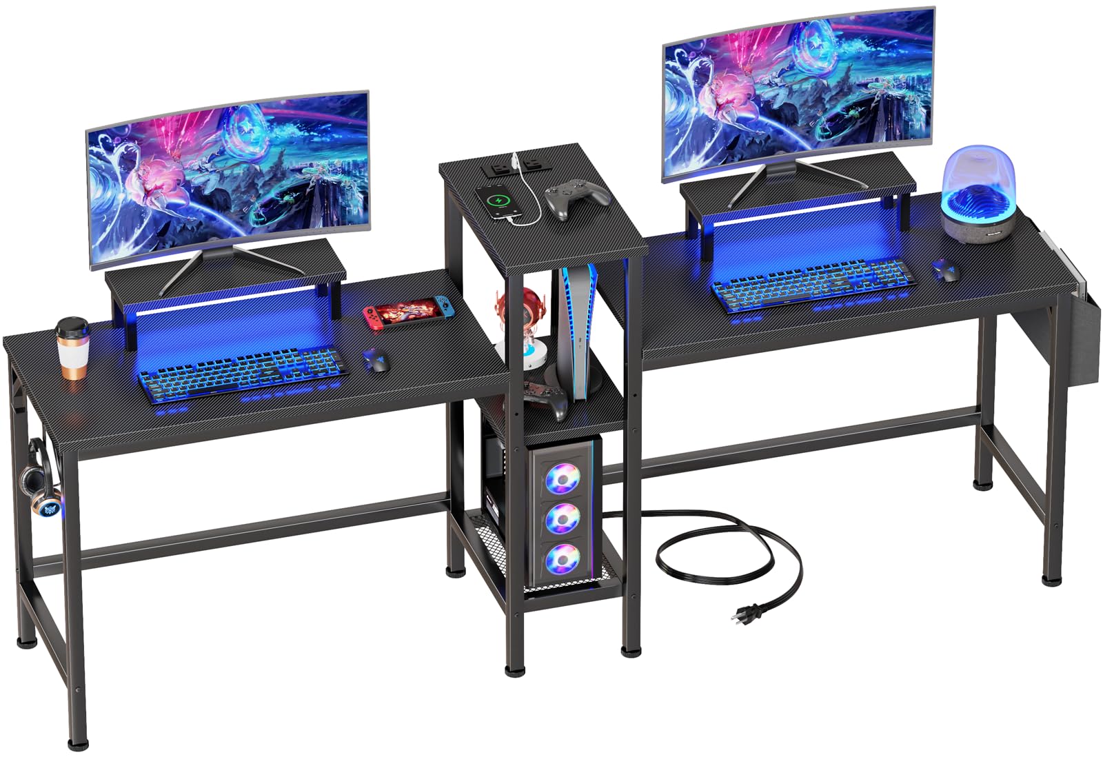 2 Person Gaming Desk with LED Lights - 71 Inch Computer Desk with Power Outlets, Monitor Stand & Storage | Double Workstation with Headphone Hooks | Perfect for Home Office, Gaming Setup & Study Room (Black)