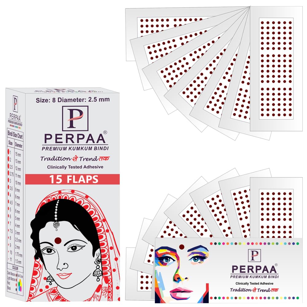 PERPAA Kumkum Dark Maroon Round Bindi Stickers for Women - Traditional Indian Forehead Dot (2.5mm Diameter, Pack of 08) - Perfect for Weddings, Festivals & Cultural Events