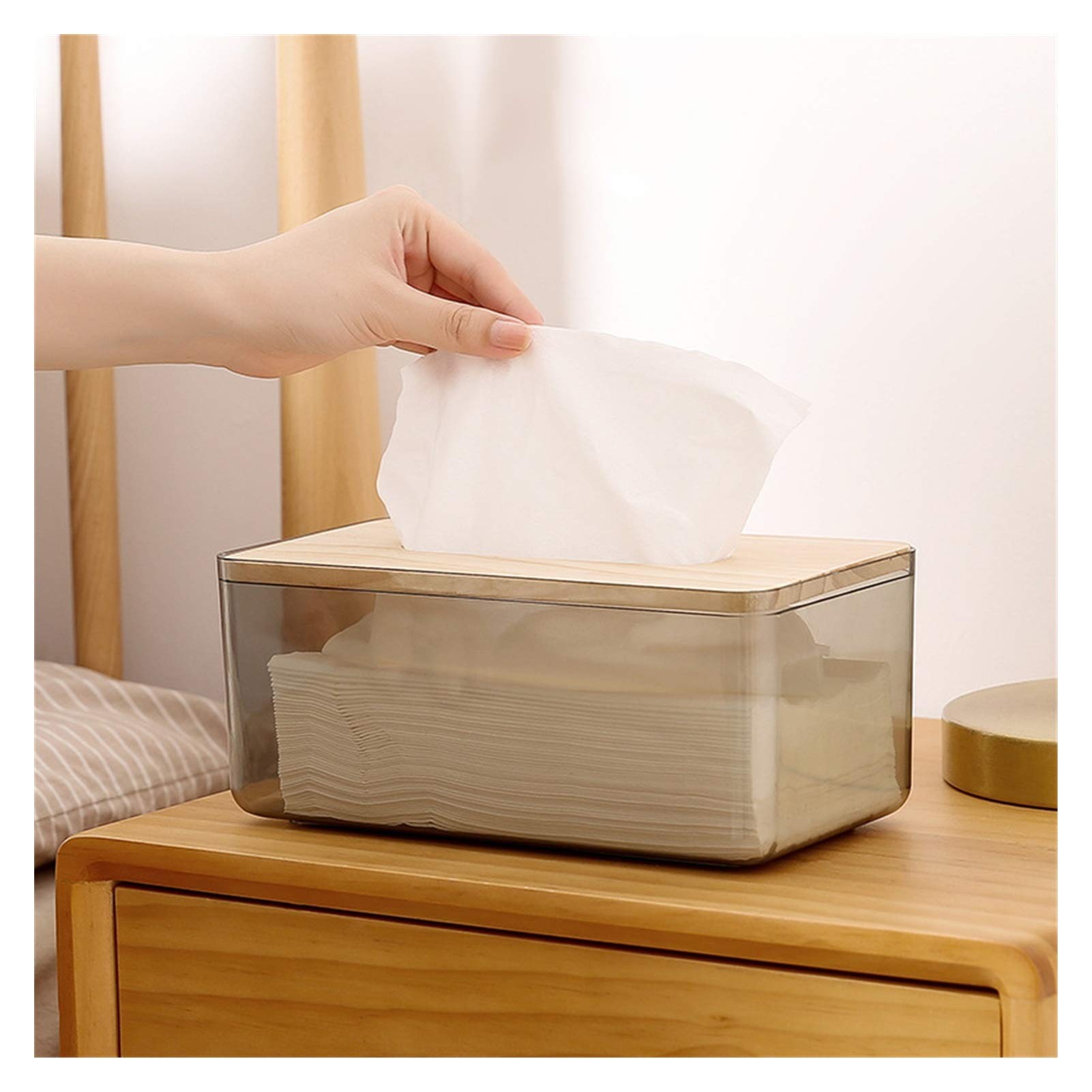 Bamboo Cover Tissue Box Holder - Transparent Napkin Storage Container for Bedroom, Bathroom & Office | Stylish & Functional (Color: L)
