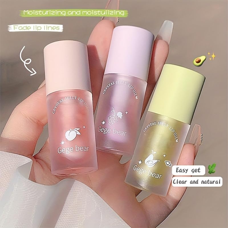 Gege Bear Crystal Jelly Lip Gloss Set - 2 Pack Fruity Lip Gel (Peach & Grape) for Women, Clear Transparent Hydrating Lip Balm with Vitamin E - Perfect for Daily Moisture, Night Care & Makeup Looks
