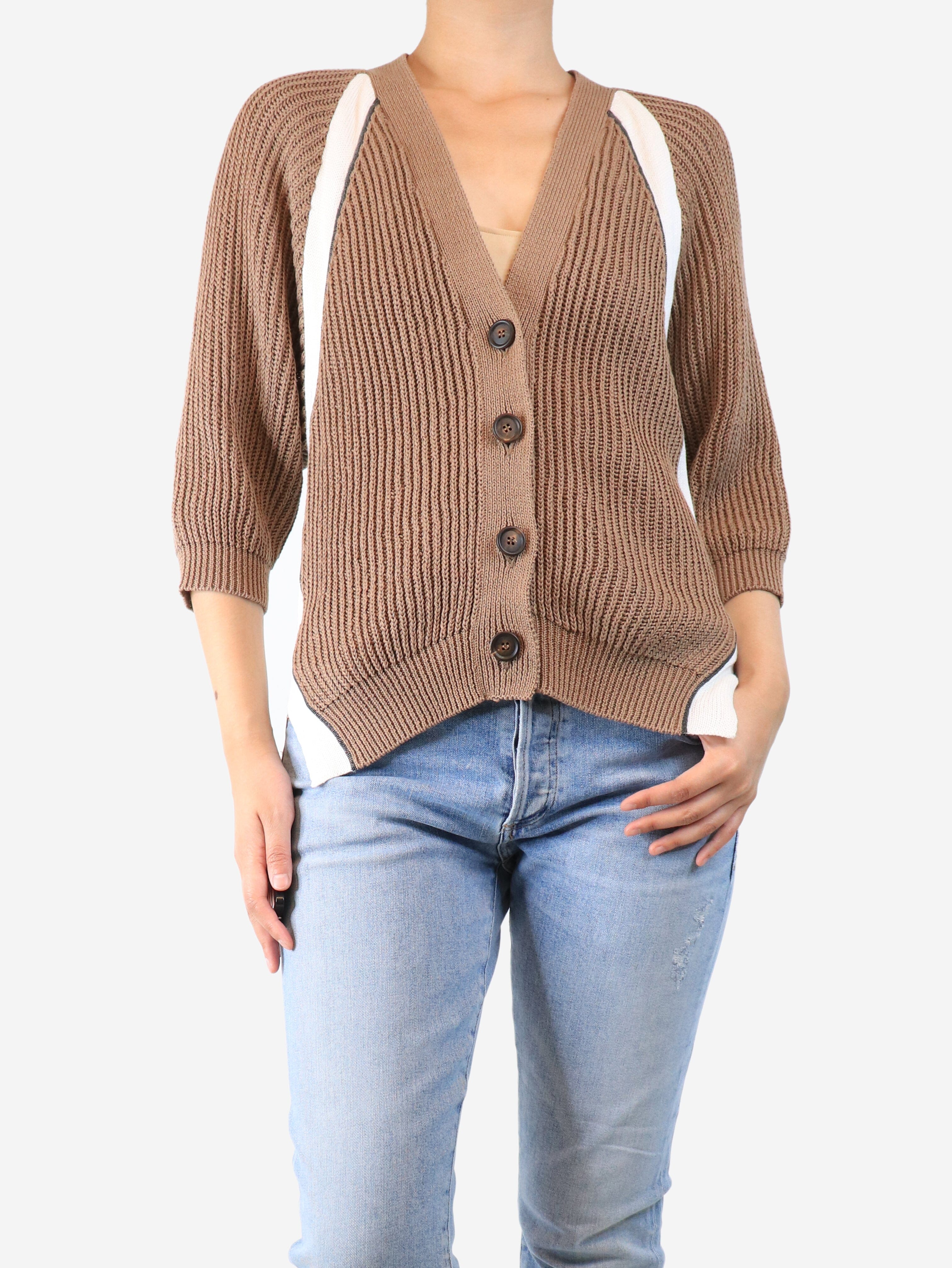 Brown Ribbed Cotton Cardigan for Women - Size S | Soft & Cozy Knit Sweater | Perfect for Fall & Winter Layering