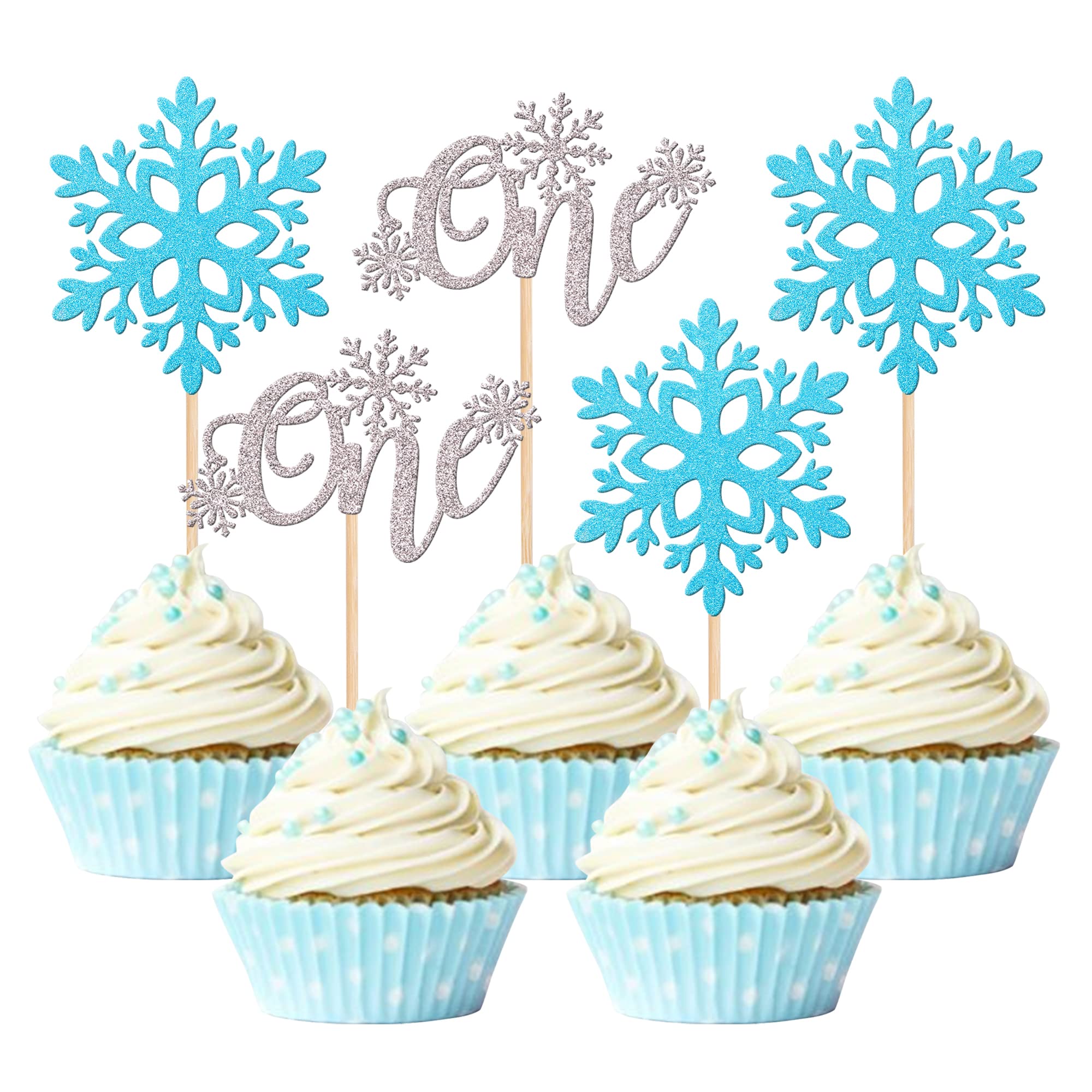 24 Pack Silver & Blue Glitter Snowflake Cupcake Toppers - Winter Snowflake Theme Cake Decorations for 1st Birthday Party, Baby Shower, Christmas & Holiday Celebrations (Perfect for Winter Weddings & New Year's Eve Desserts)