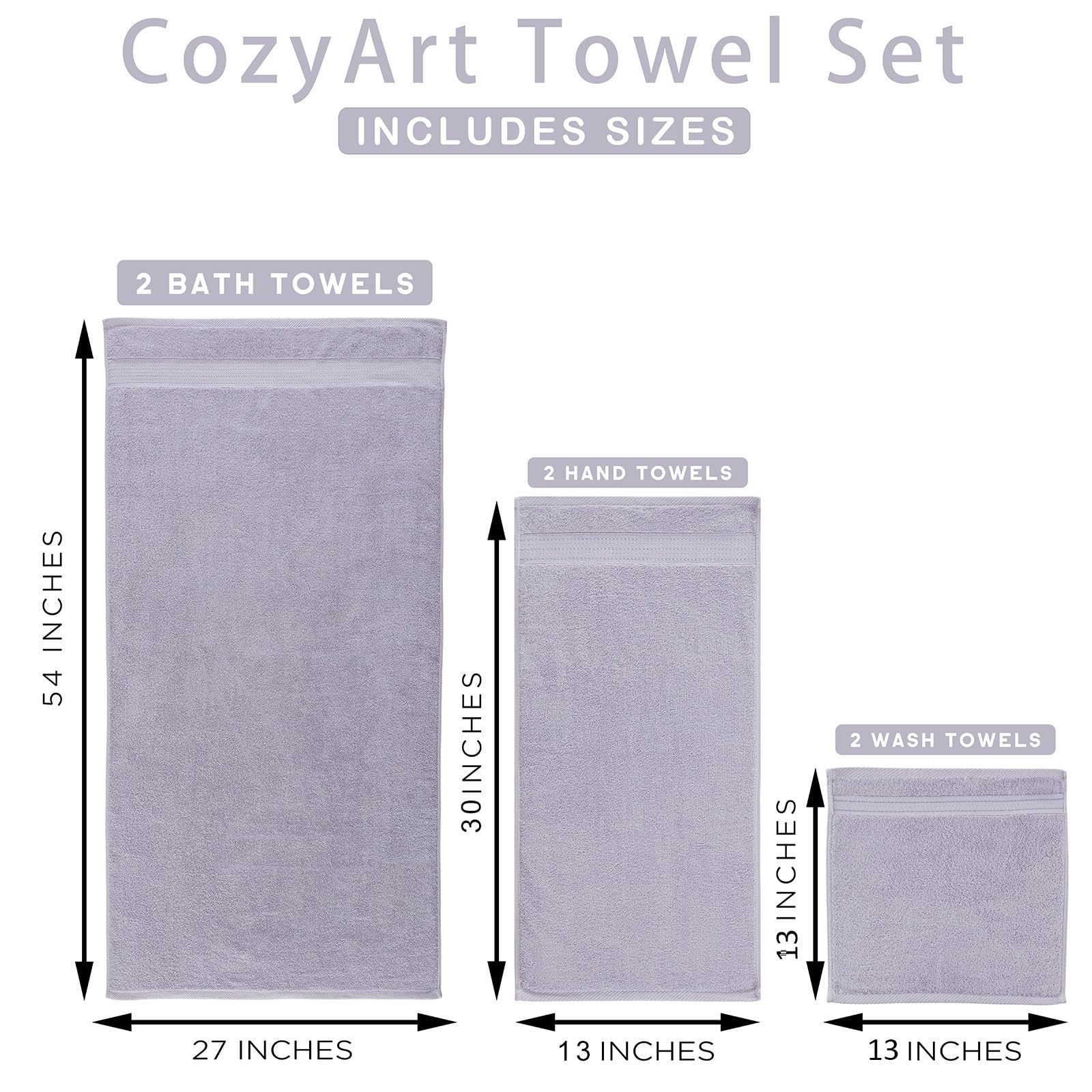 Luxury Lavender Bath Towel Set - 6 Piece Turkish Cotton Hotel Towels (2 Bath, 2 Hand, 2 Washcloths) 650 GSM for Spa, Bathroom & Guest Use - Ultra Soft & Absorbent Bulk Towels