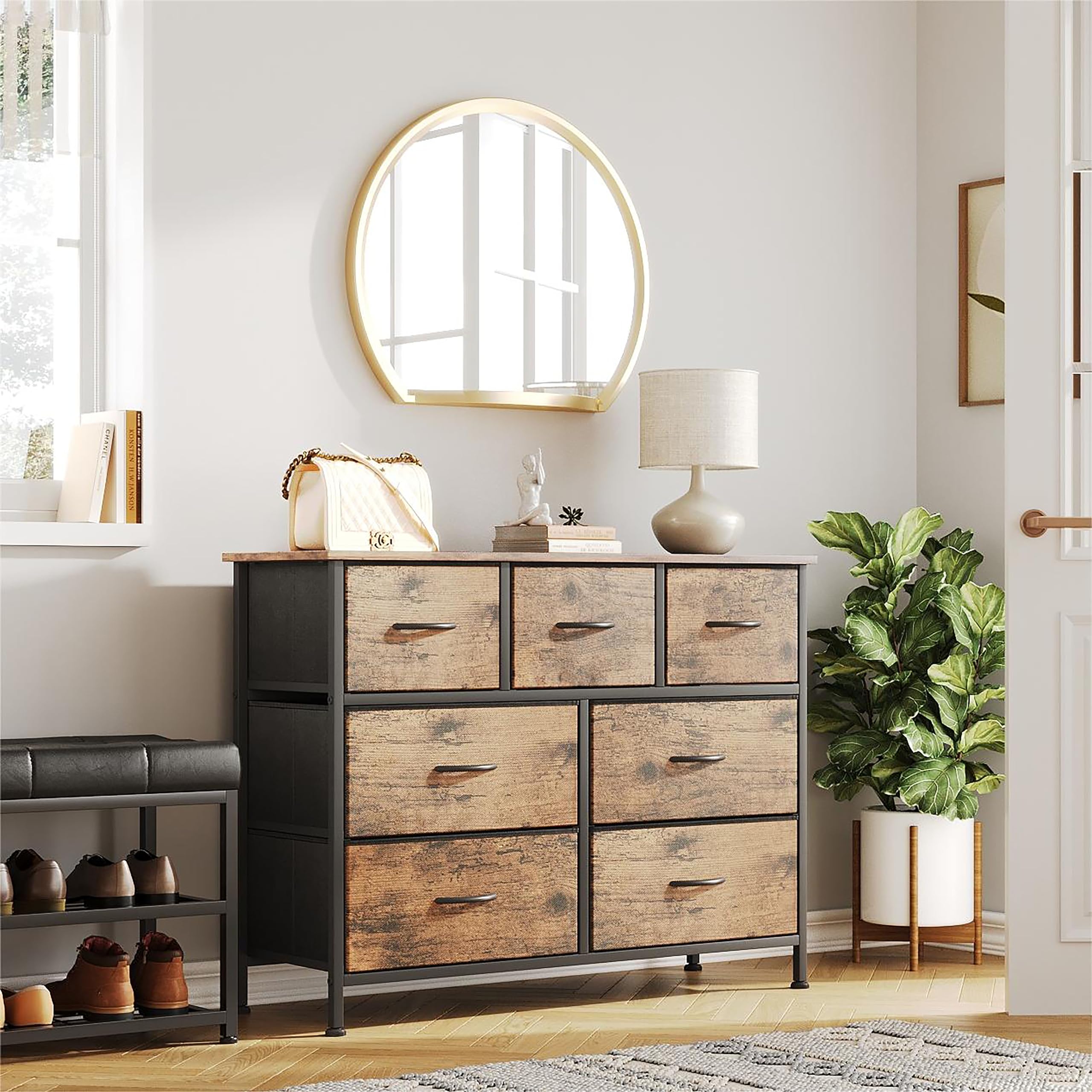 7-Drawer Rustic Brown Dresser with Wooden Top - Tall Fabric Storage Chest for Bedroom, Living Room, TV Stand, Closet & Entryway | Space-Saving Organizer for Clothes, Linens & Home Decor