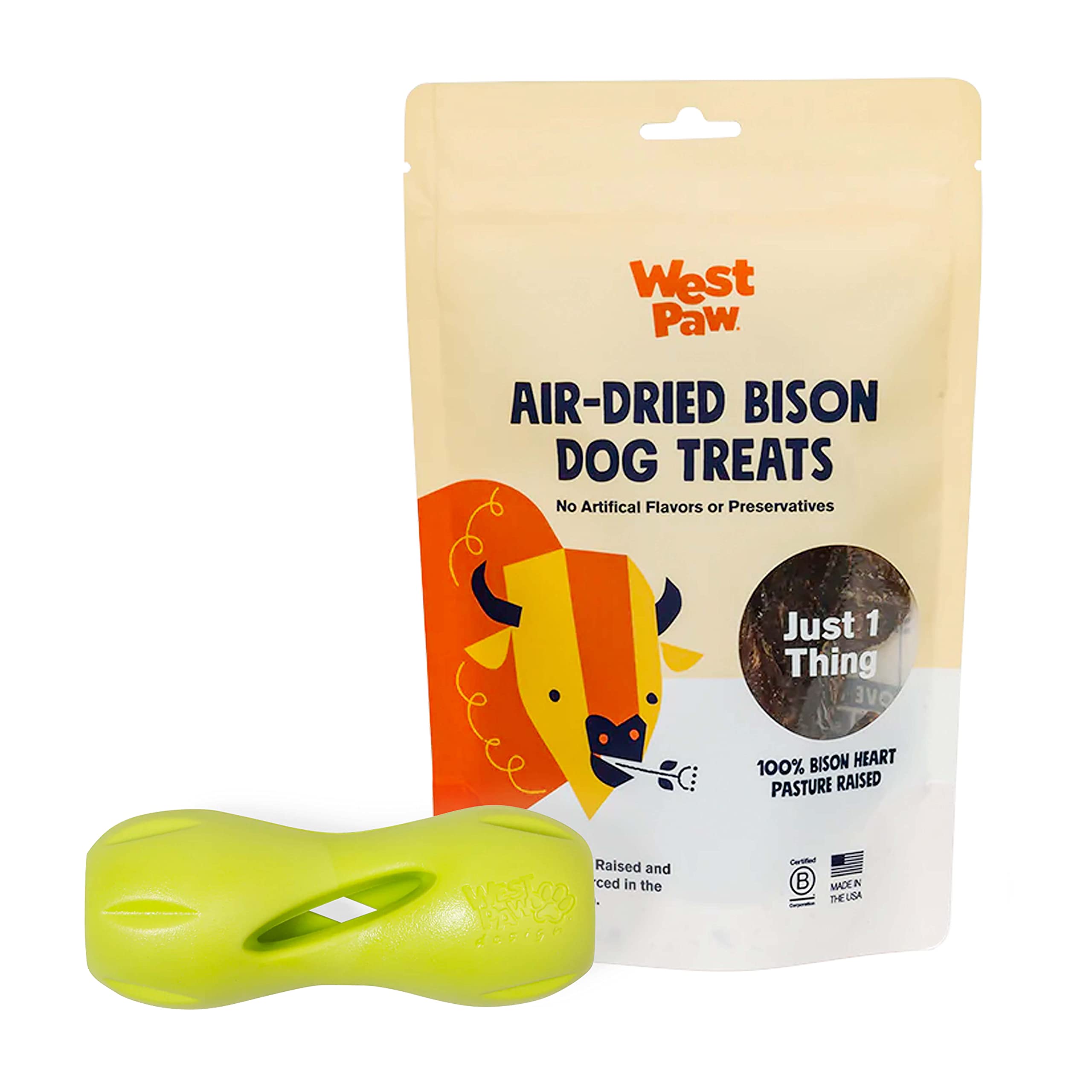 Premium Air Dried Bison Heart Dog Treats & Zogoflex Qwizl Interactive Chew Toy Bundle - All-Natural Protein Snacks for Dogs with Treat Dispensing Puzzle Toy - Perfect for Training, Enrichment & Dental Health - Holds Kibble & Treats for Extended Playtime
