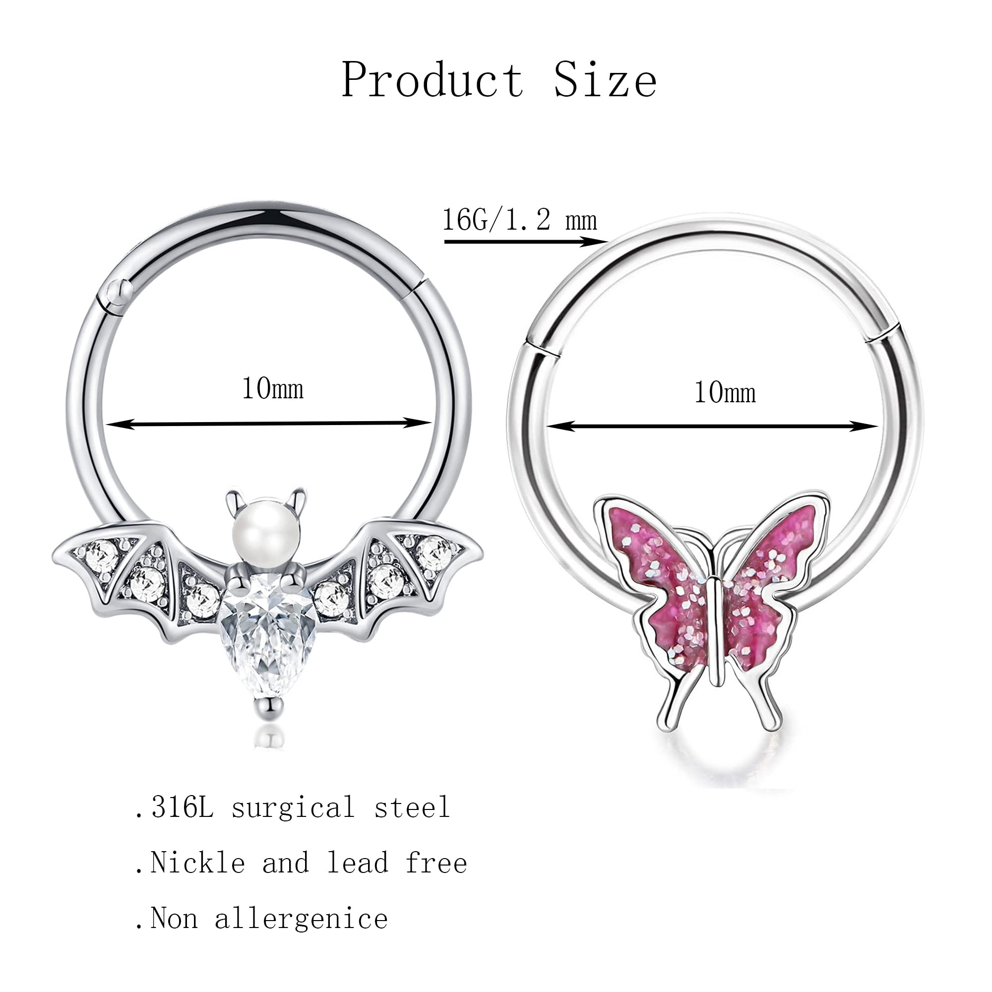 16G Bat & Dragon Claw Septum Rings - Daith, Helix, Tragus, Rook Piercing Jewelry for Men & Women | Gothic Body Jewelry for Parties, Concerts & Alternative Fashion