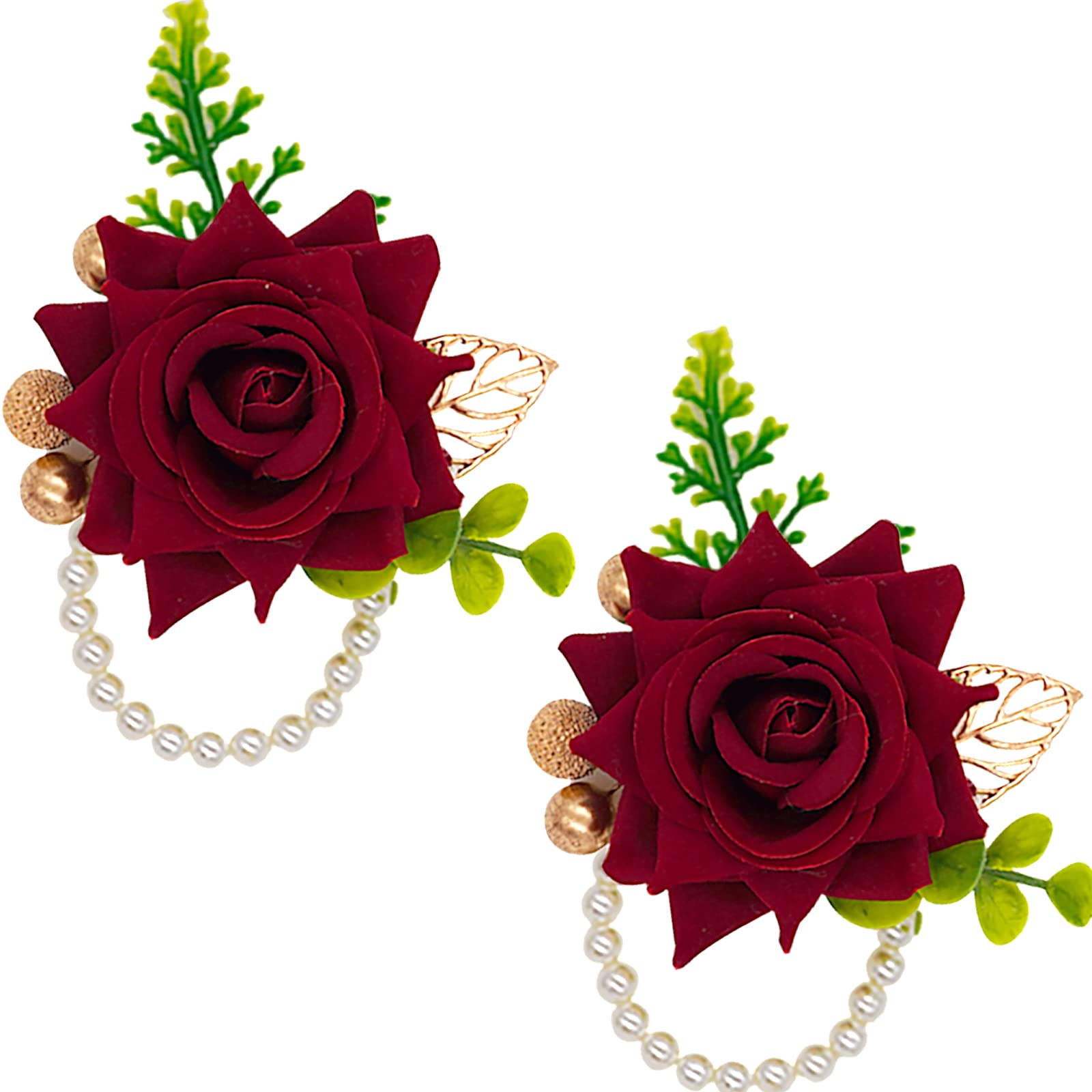 BASIMAN Men's Boutonniere & Wrist Corsage Set - 2Pcs Red Rose Wedding Accessories for Groom, Best Man & Groomsmen - Perfect for Weddings, Proms & Formal Events