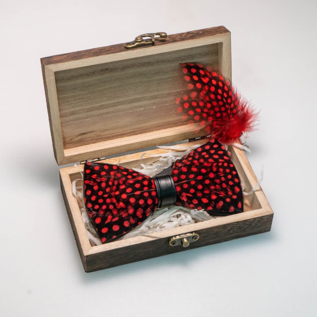 Handmade Feather Bow Tie & Brooch Set for Men - Elegant Wedding, Party, Birthday Gift in Wooden Box (6.5X12.5CM) | Perfect for Formal Events, Prom, Groomsmen & Special Occasions
