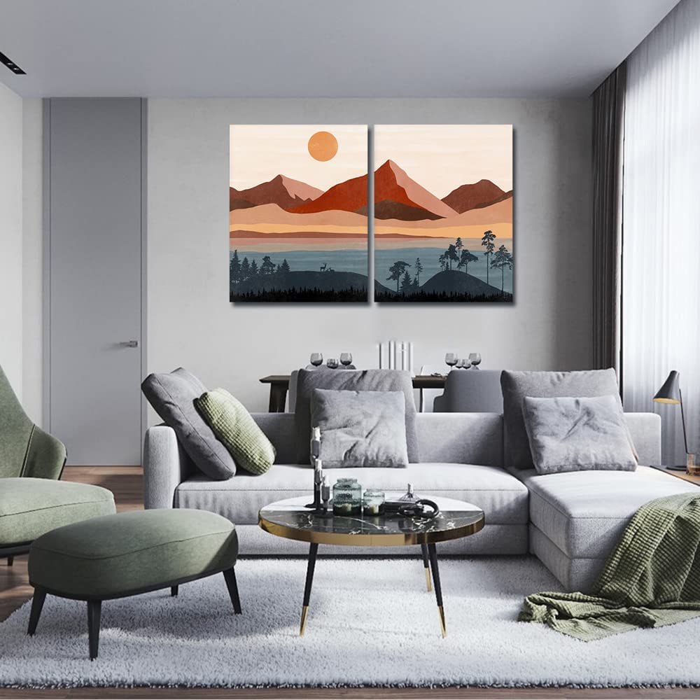 Boho Print Mid Century Minimalist Art Prints - Sunset Landscape Wall Art, Modern Abstract Canvas for Living Room, Bedroom & Kids Room Decor - Set of 2 Framed Posters (24x36 inches) - Perfect for Home, Office & Gift Giving