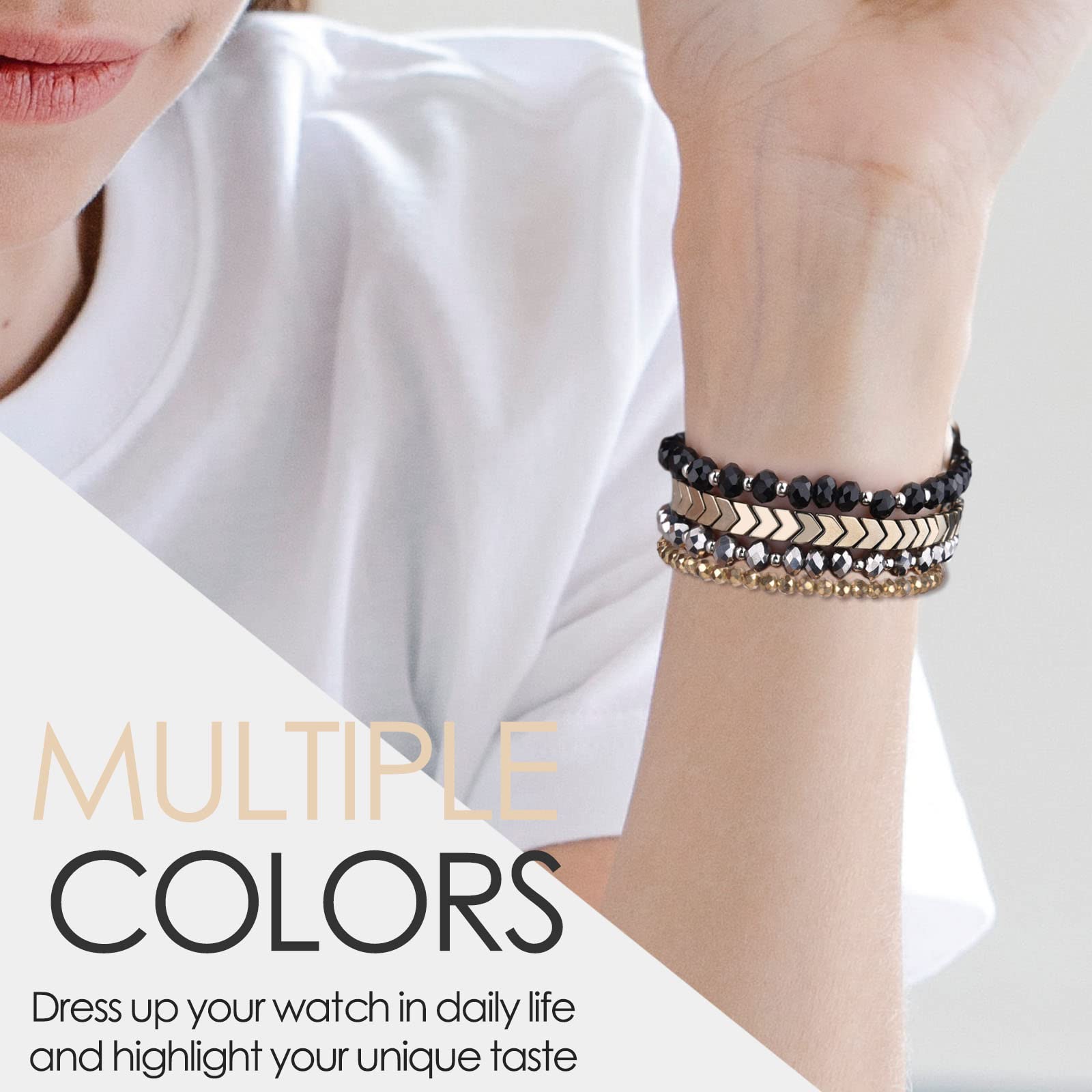 MOFREE Arrow & Black Beaded Stretch Bracelet Compatible with Apple Watch 40mm/38mm/41mm (Series 7/SE/6/5/4/3/2/1) - Handmade Elastic Women's Fashion Strap for iWatch - Perfect for Workouts, Office & Casual Wear