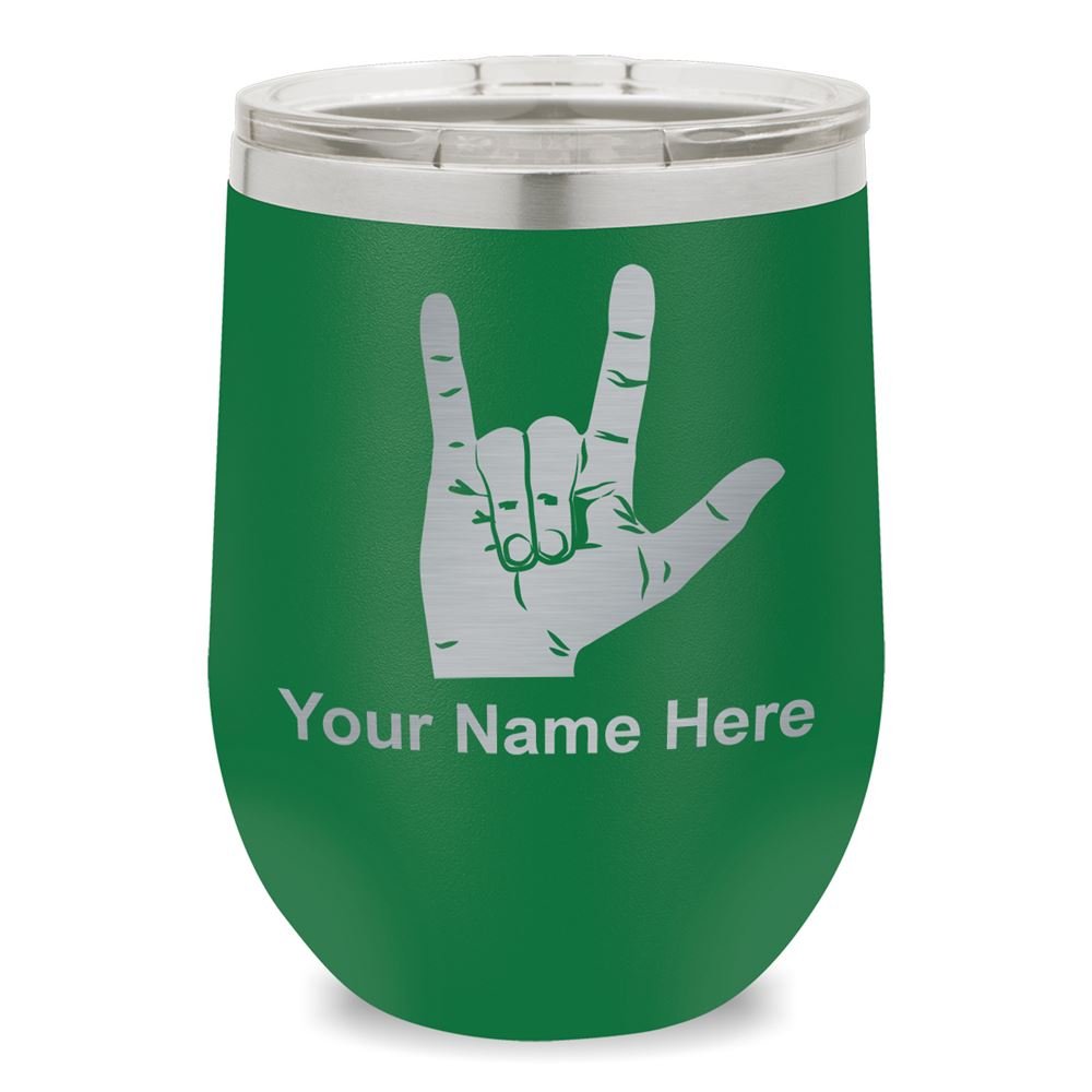 Personalized Engraved Wine Glass Tumbler with 'I Love You' Sign Language Design - Perfect for Valentine's Gifts, Anniversary Presents & Romantic Dinners (Green)