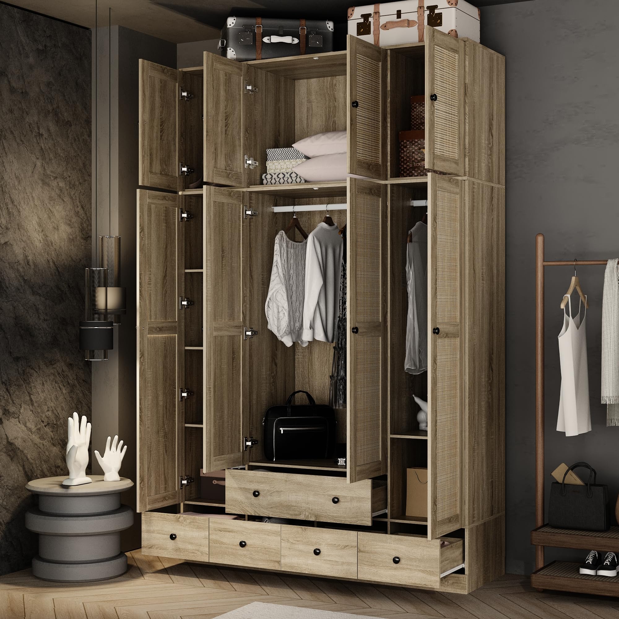 Hitow 8-Door Rattan Wardrobe Cabinet with 5 Drawers & Hanging Rod - 18.8