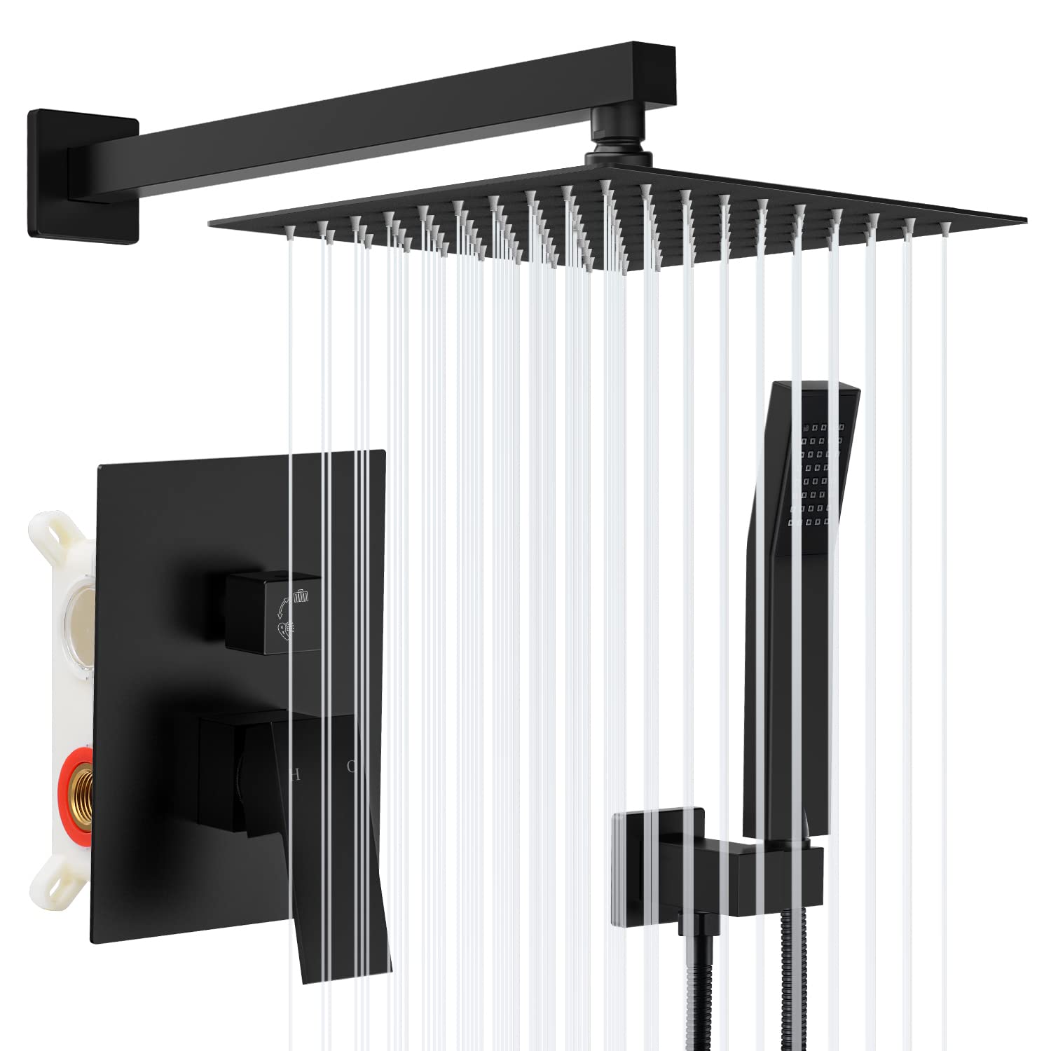 Qomolangma Black 12 Inch Rain Shower System - Wall Mounted Bathroom Shower Faucet Set with Pressure Balance Valve, 2-Function Shower Head (Rainfall & Handheld Spray) - Perfect for Modern Bathrooms, Spa-Like Shower Experience