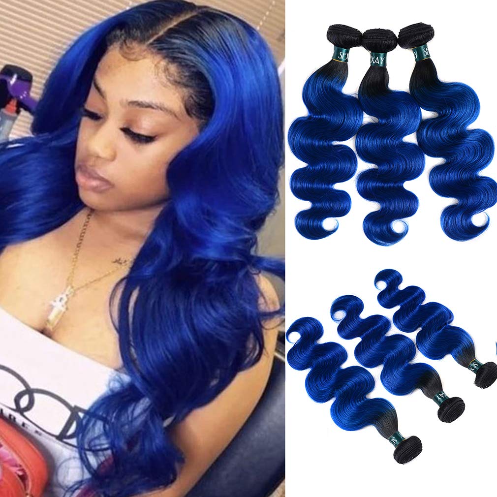Ombre Hair Bundles 1B/Blue - Brazilian Remy Human Hair Extensions - Body Wave 2-Tone Ombre (16