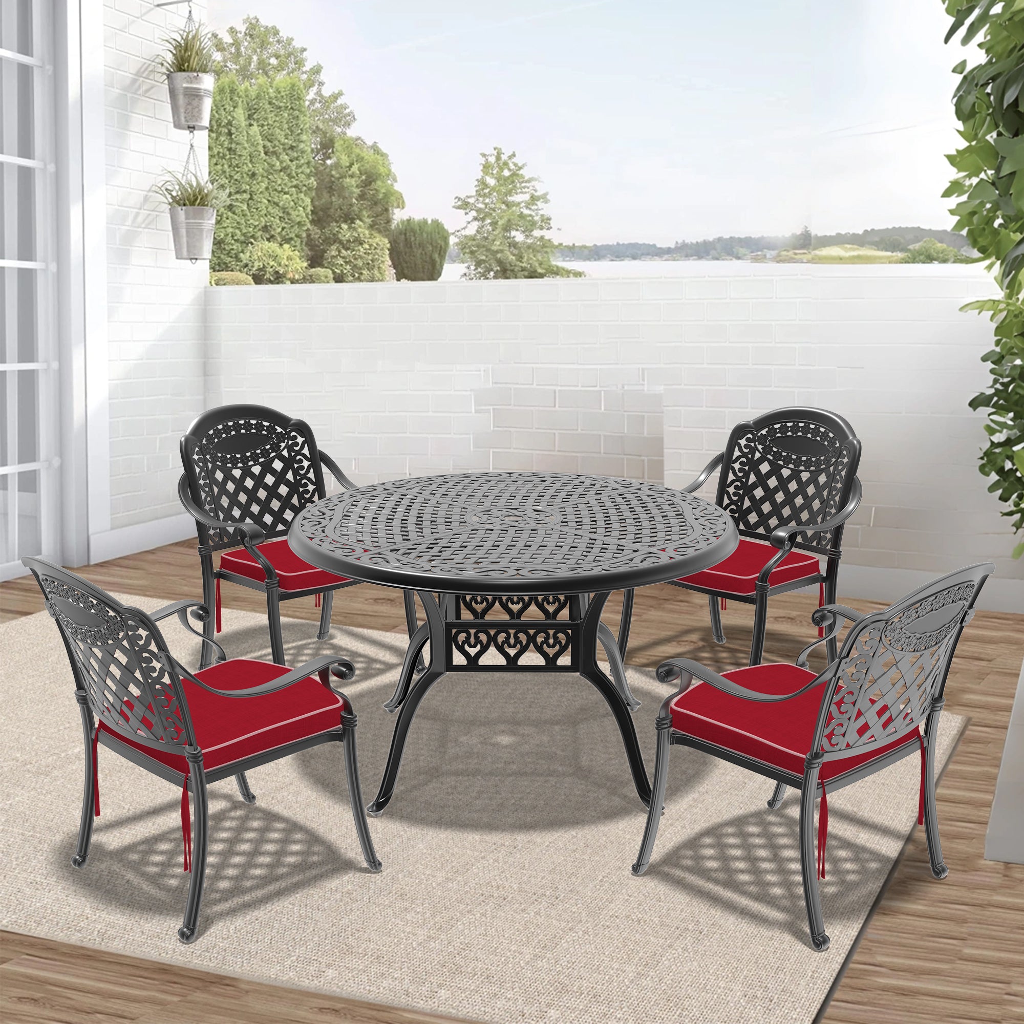 5-Piece Cast Aluminum Patio Furniture Set with Cushions - Outdoor Garden, Poolside, or Backyard Lounge Seating - Available in Multiple Color Options