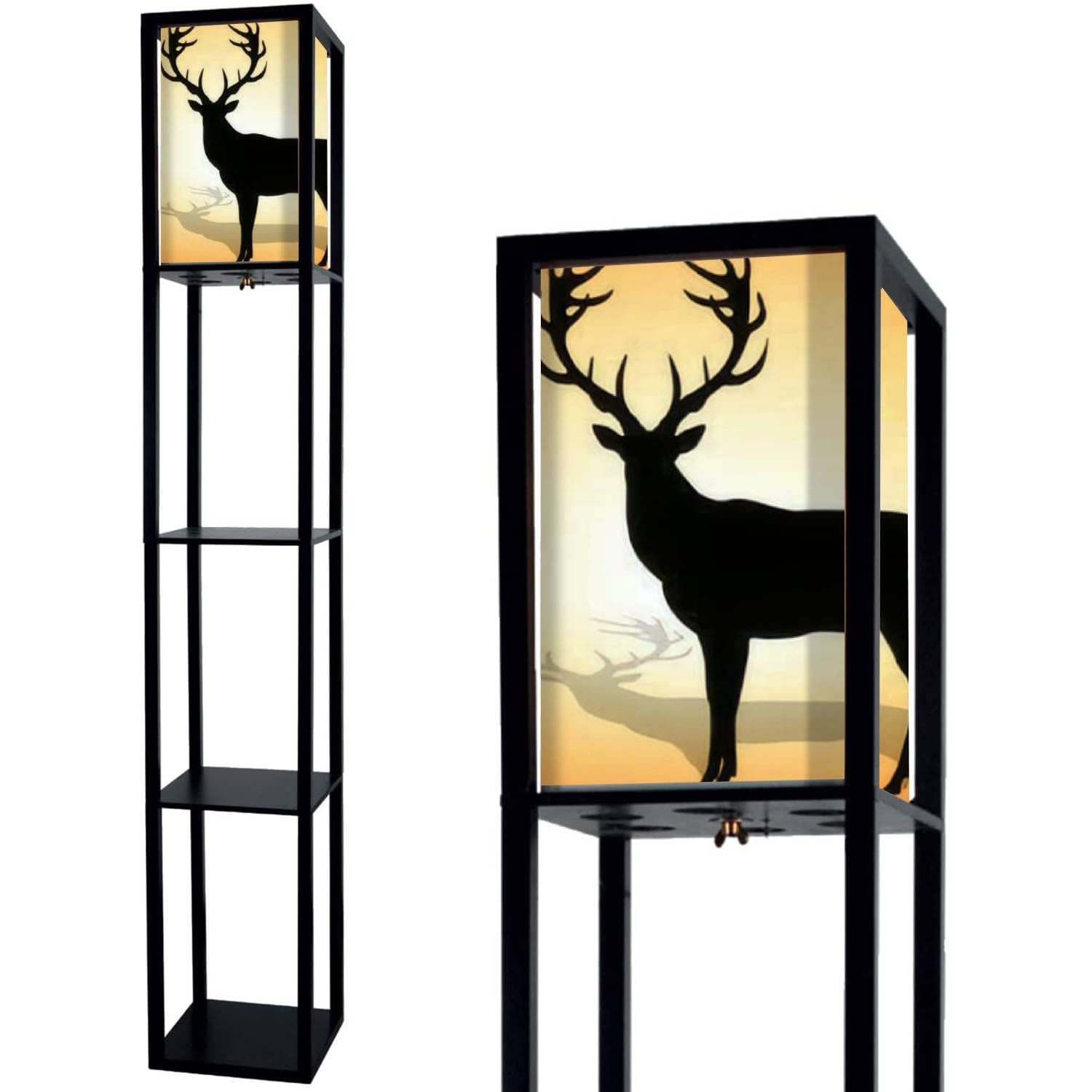 Modern Silhouette Deer Floor Lamp with Antlers & Shelves - Flaxen Fabric Shade Tall Standing Light for Living Room, Bedroom, Office - Corner Lighting & Aesthetic Home Decor for Cozy Nights & Reading Nook