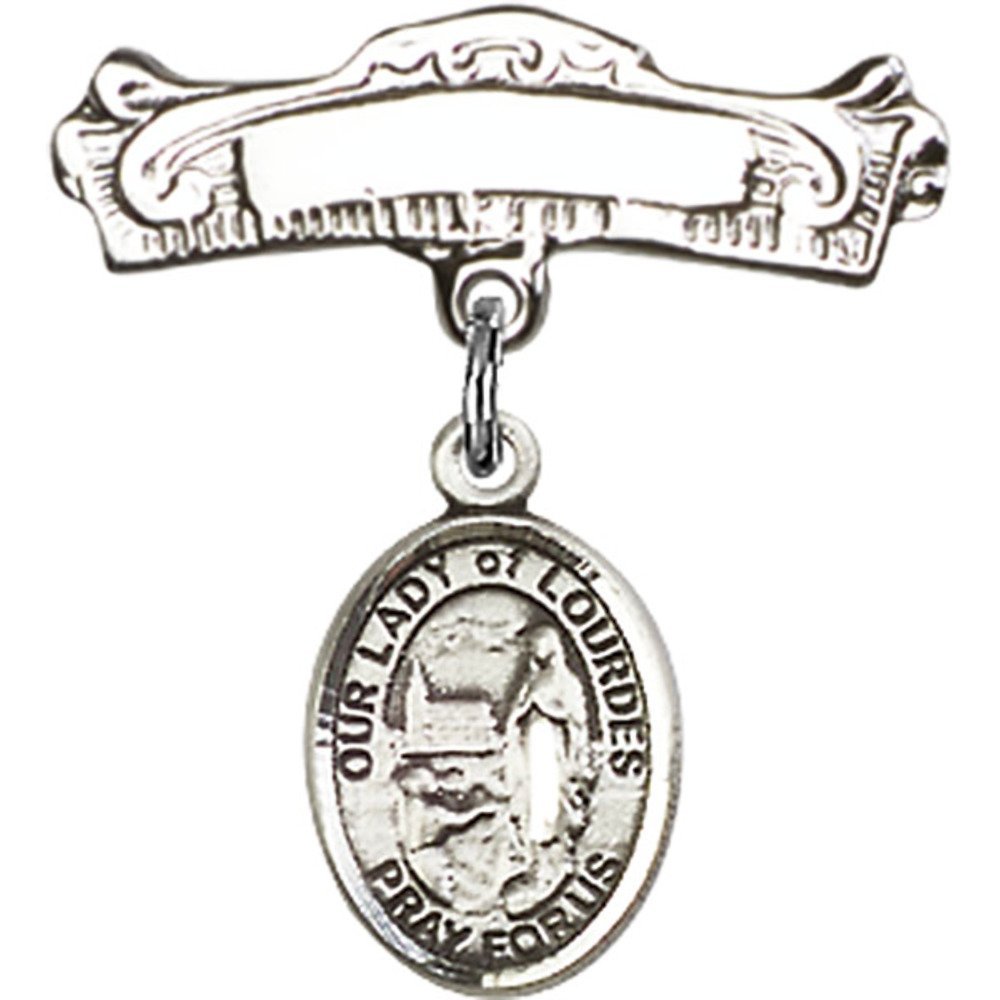 Sterling Silver Baby Badge with Our Lady of Lourdes Charm - Arched Polished Pin (7/8