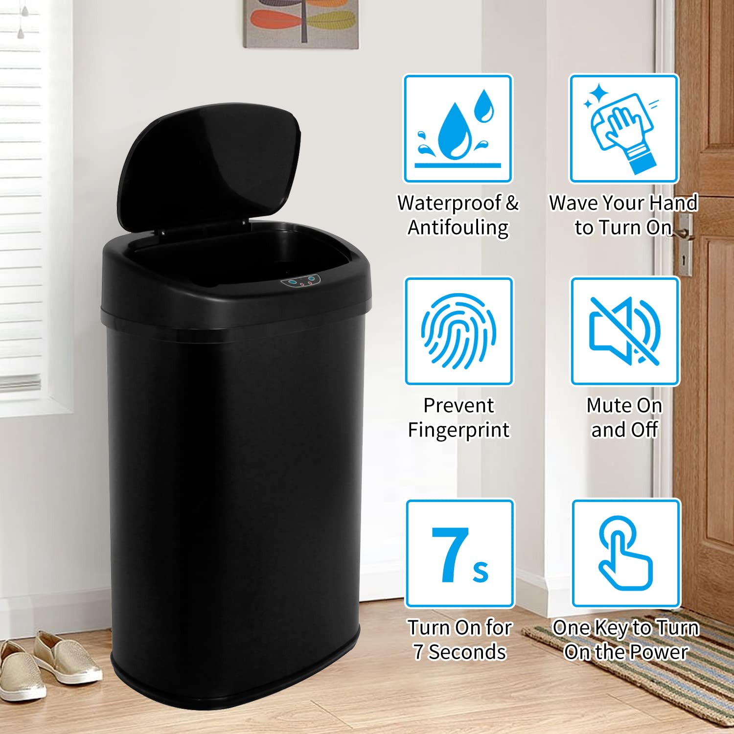 BLKMTY 13-Gallon Stainless Steel Automatic Trash Can with Motion Sensor - 50L Touch-Free Garbage Bin with Lid for Kitchen, Office & Bathroom - Sleek Black Metal Waste Bin for Hands-Free Disposal & Hygiene